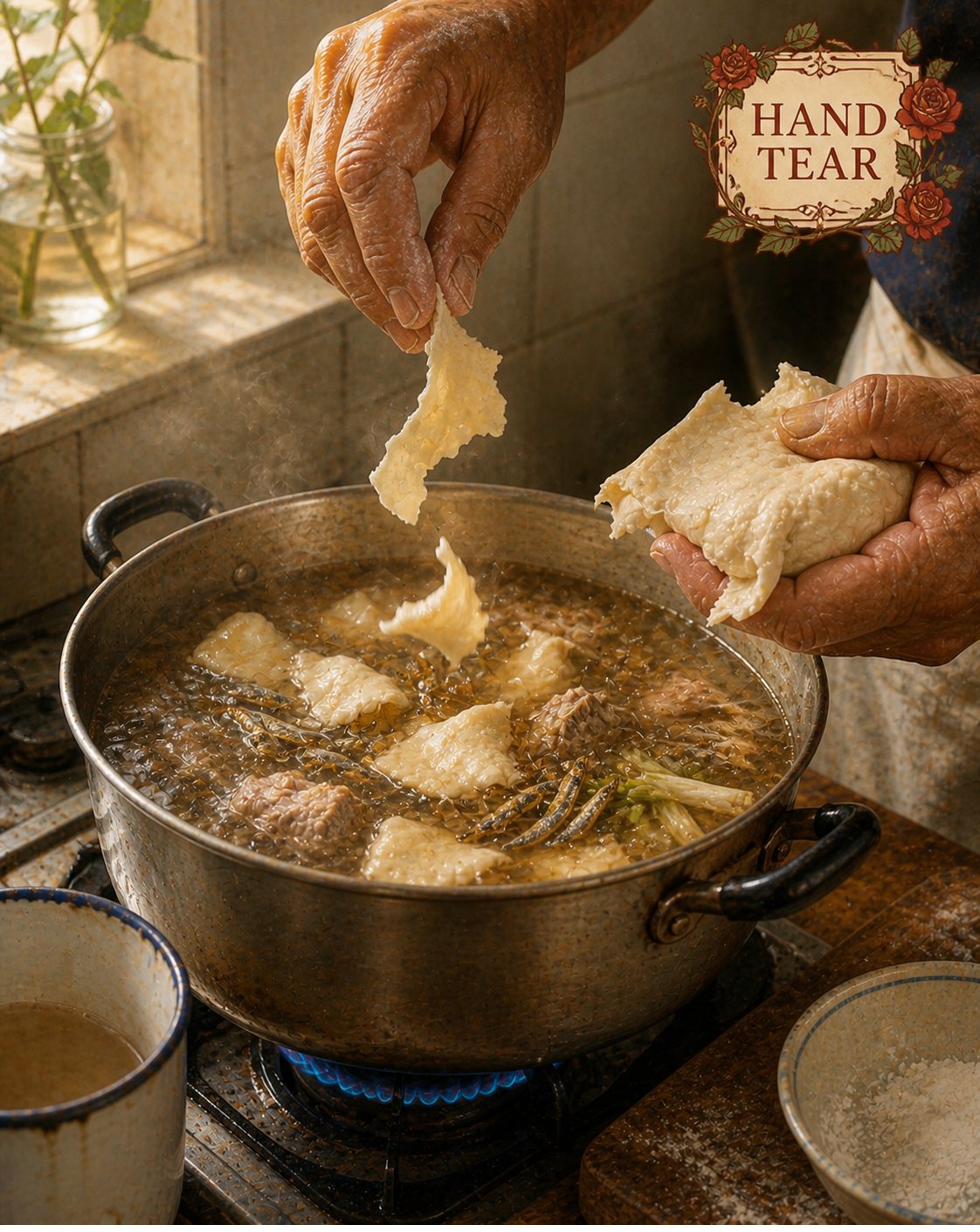 Critical moment: hero close-up of the rolling pot at the moment Hock Ko's hand pinches and stretches a thin flat piece of dough, releasing it into the gentle rolling broth. The torn piece mid-air, irregular shape, slightly translucent at the thinned edges. Several pieces already floating, puffed and cooked through, visible just below the surface. Hock Ko's left hand cradling the fist-sized portion of dough; right hand mid-pinch. Steam rising from the pot. The dying art of the hand-tear, captured at the moment of release.