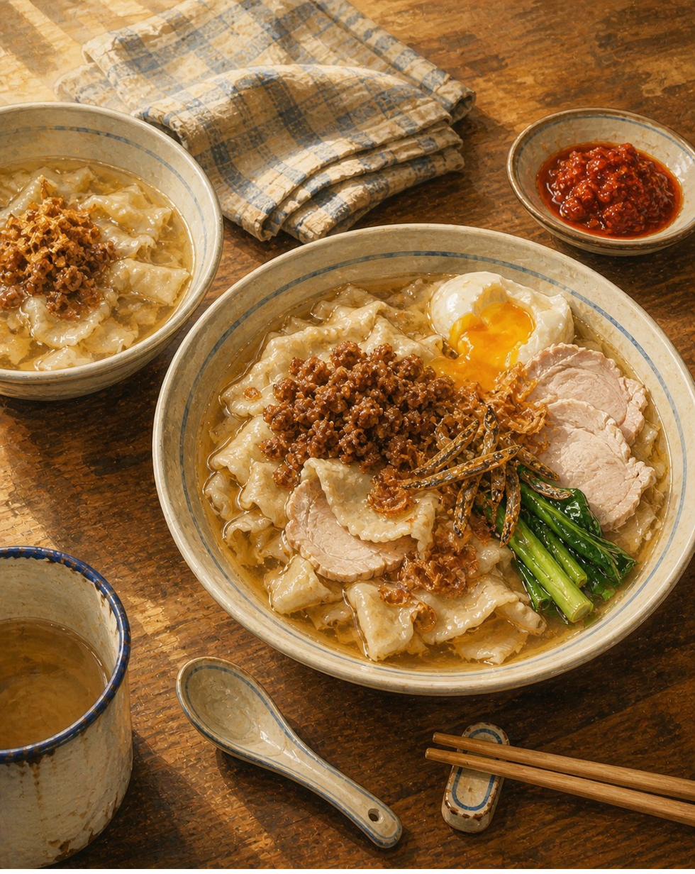 Vignette: deep cream-and-pale-blue Singapore-everyday porcelain soup bowl holding heritage Hokkien anchovy-and-pork-bone broth (clear pale-amber, NOT milky-Cantonese-emulsion), with hand-torn mee hoon kueh noodles visible — irregular flat sheet-pieces of varying thickness and shape. Topped with caramelised seasoned minced pork, three thin slices of lean pork, soft-onsen egg with running yolk, scatter of crispy fried ikan bilis, generous shower of fried shallots, two stalks of choy sum, single half-shelled prawn. Smaller second bowl at upper-left — Hock Ko's wife's bowl. Heritage Singapore-coffeeshop white enamel mug with faded blue rim at lower-left edge — Chapter 9 narrative-continuity marker.