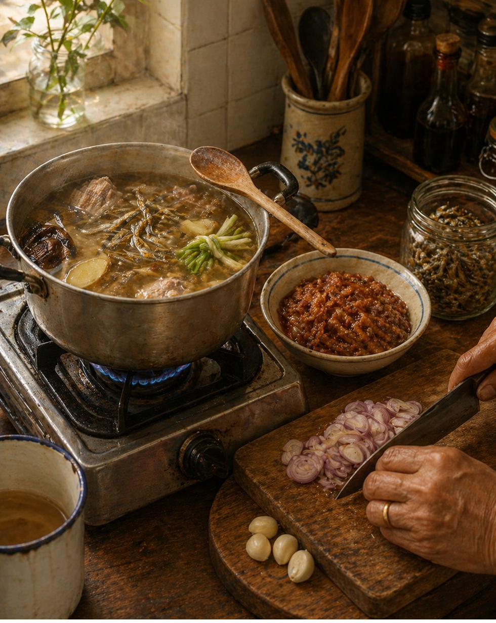 Stage 1: mid-shot of Hock Ko's gas stove and adjacent workbench. Two heat stations. Left: stove with tall stockpot at low simmer, gas flame visible at low, clear pale-amber broth with whole dried ikan bilis near the surface, pork bones partially submerged, knot of spring onion white, three slices of ginger, dried shiitake mushroom rehydrating. Steam rises in thin curl. Wooden spoon resting across the rim. Right: workbench with small ceramic preparation bowls — left bowl with marinated minced pork (pale-pink-flecked-with-dark-soy register, glossy), right area with shallots being thinly sliced by Hock Ko's right hand on small wooden cutting board, paper-thin shallot rings already cut, small pile of garlic cloves waiting. Small jar of crispy already-fried ikan bilis to side. Critical visual: broth reads CLEAR pale-amber, NOT milky-white. White enamel mug with faded blue rim at lower-left edge — Chapter 9 marker.