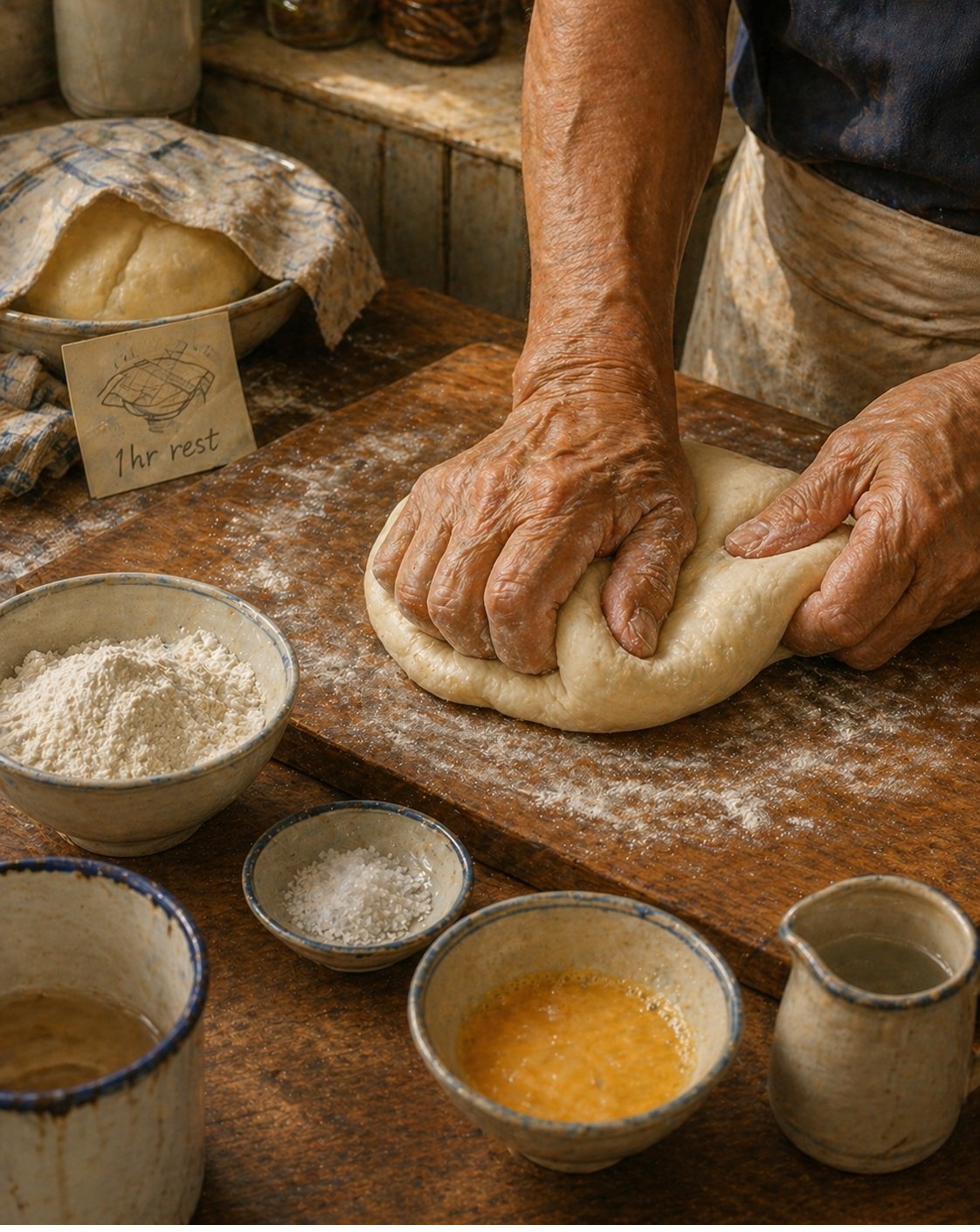 Stage 2: close-mid shot of Hock Ko's wooden chopping board on workbench. Hock Ko's hands only visible (no face) — both hands working soft pale-cream wheat-flour dough, mid-knead. Right hand pressing heel-of-palm down-and-forward into dough, stretching a portion; left hand folding back of dough over front. Dough at smooth-and-elastic stage — visibly cohesive, slight sheen, not sticky. Around dough on board: small ceramic bowl of plain flour for dusting, small dish of fine sea salt, dish with cracked egg already beaten, small jug of room-temperature water, faint dusting of flour on board surface. Behind work area slightly out of focus: covered ceramic bowl on counter — first batch of dough already at rest under damp cloth. Dough texture reads SOFT-AND-PLIABLE heritage Hokkien register. White enamel mug with faded blue rim at lower-left edge — Chapter 9 marker.