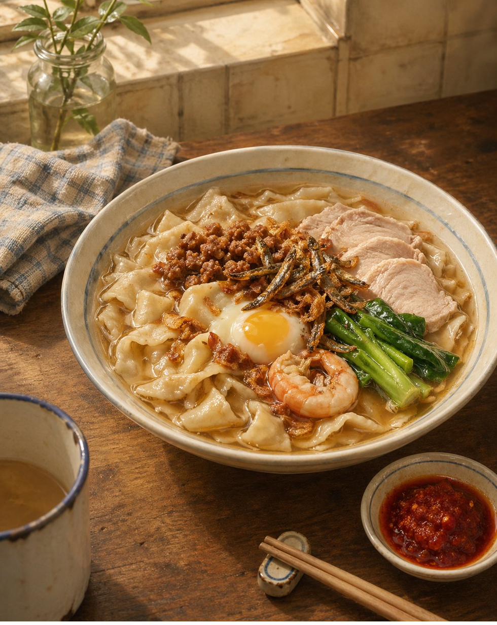 Stage 5 hero bowl: slightly elevated angle. Cream-and-pale-blue Singapore-everyday deep soup bowl at centre-right of frame, holding assembled finished mee hoon kueh — heritage Hokkien clear pale-amber broth; irregular hand-torn noodle pieces visible just below surface; generous mound of caramelised seasoned minced pork at centre; three thin slices of lean pork radiating; soft-yolk onsen egg cracked at upper-edge with yolk visibly running into broth; scatter of crispy golden-brown fried ikan bilis; generous shower of fried shallots; two stalks of choy sum at bowl edge; half-shelled prawn. Slight oil-glisten from rendered shallot-oil. Beside bowl: small ceramic dish of bright sambal-chilli; pair of pale-wood chopsticks resting on small chopstick-rest; ceramic spoon. Folded cloth napkin in pale check at bowl's upper-left edge. White enamel mug with faded blue rim at lower-left edge — Chapter 9 marker, fifth and final instance for this recipe.