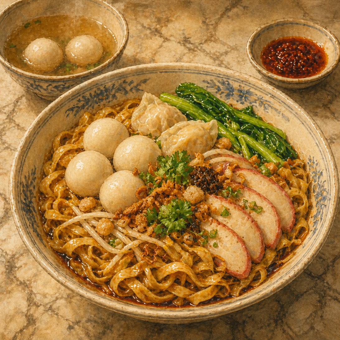 Critical moment: the finished bowl, noodles glistening with sauce, fishballs and fish cake arranged on top, soup on the side.