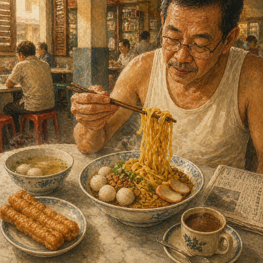 A 1980s Singapore kopitiam at breakfast — an uncle in a singlet eating mee pok tah with chopsticks raised mid-air, noodles glistening with chilli-vinegar sauce. Beside the bowl: clear soup with fishballs, you tiao, kopi gao on the marble table. Morning light from a window, newspaper folded beside.