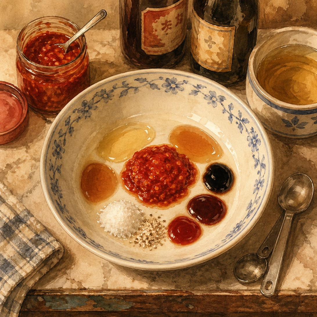 Step illustration: clear pork-anchovy-soybean broth with the toasted ingredients in a strainer being lifted out, showing the layered components.