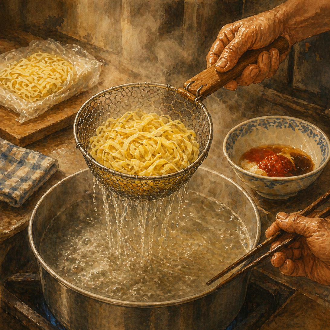 Step illustration: per-bowl sauce assembly — chilli, lard, vinegar, soys being spooned into the bowl ahead of the noodles.