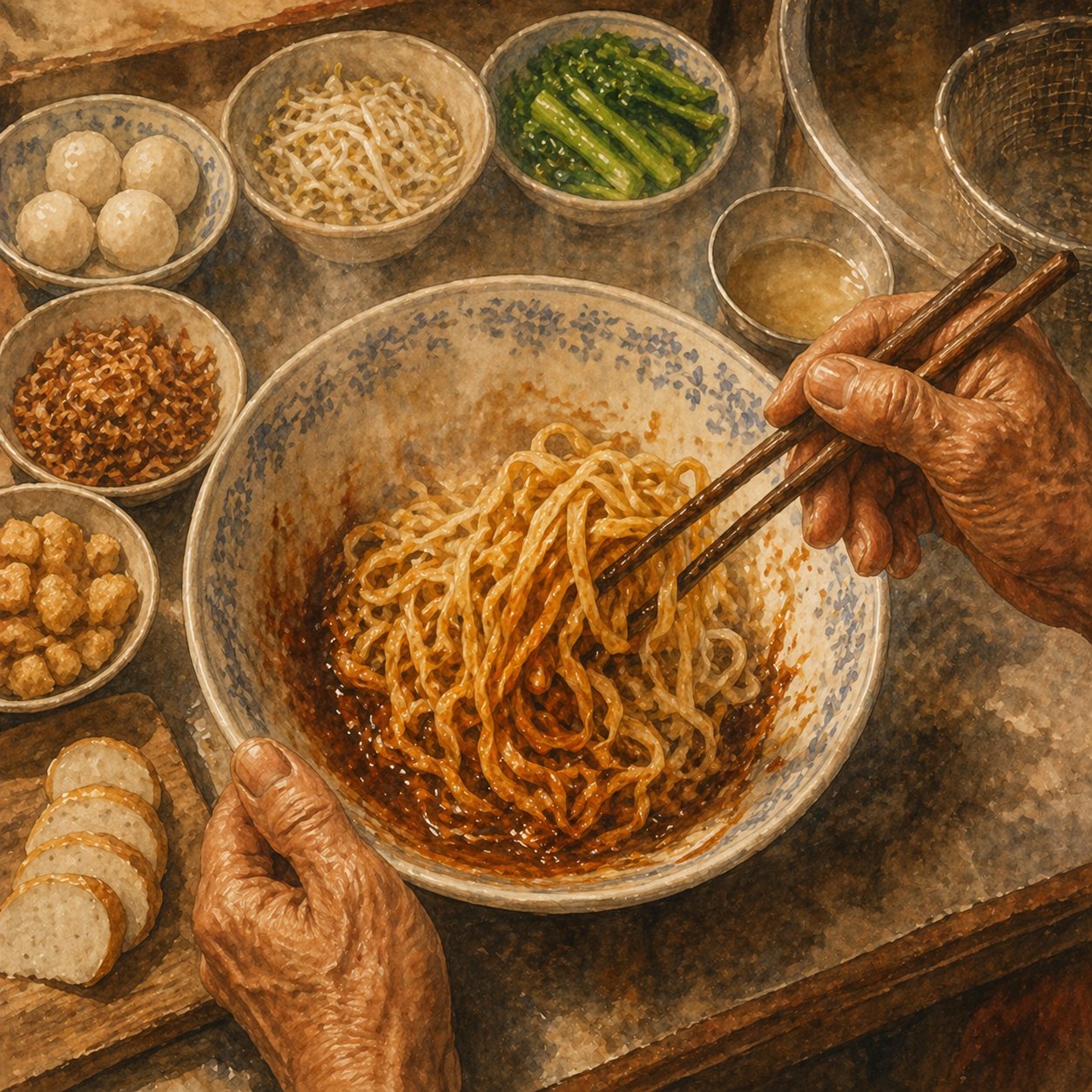 Step illustration: vigorous toss in the bowl, every strand coated, sauce gleaming on the noodles.