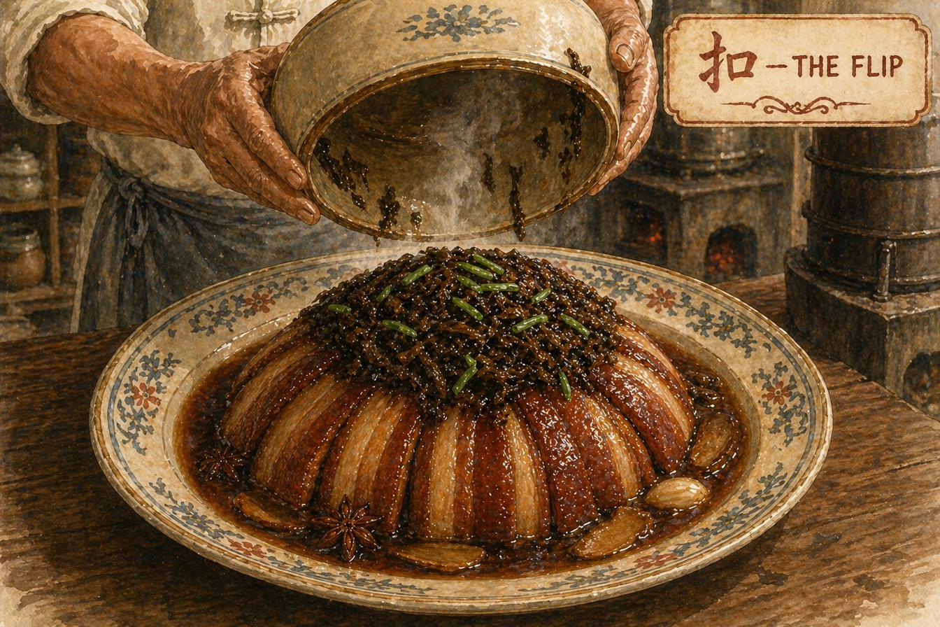 Critical moment: the kou rou flip. Patriarch mid-action — both hands gripping the kou wun bowl and the serving plate together, bowl now upside-down on top of plate, plate at the bottom. The five-second pause as the dome's contents settle by gravity onto the plate. Heritage banquet kitchen, warm pendant light. Hakka chapter palette, banquet-kitchen-register variation. Cartouche overlay reading 扣 — THE FLIP in iron-red ink with thin gold rule.