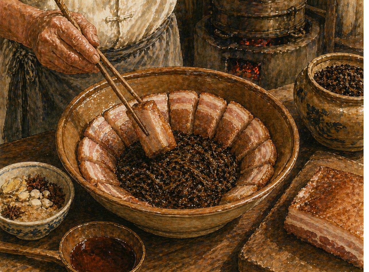 Step illustration: three-quarter view of heavy carbon-steel wok over high charcoal flame. Patriarch's hands lowering large rectangular slab of pork belly skin-side-down into smoking-hot DRY wok (no oil). Skin just making contact with wok surface; small wisp of smoke rises. Pork belly slab about 25 cm × 12 cm × 4–5 cm thick, skin already poked with fork dozens of times. Cut shows layered fat-meat structure on sides. Hands hold slab using long pair of bamboo chopsticks gripping meat side. Wok heavy, well-seasoned, dark from years of use. Small lick of charcoal flame catches wok's underside. Charcoal stove rim, small bowl of ice-cold water on standby.