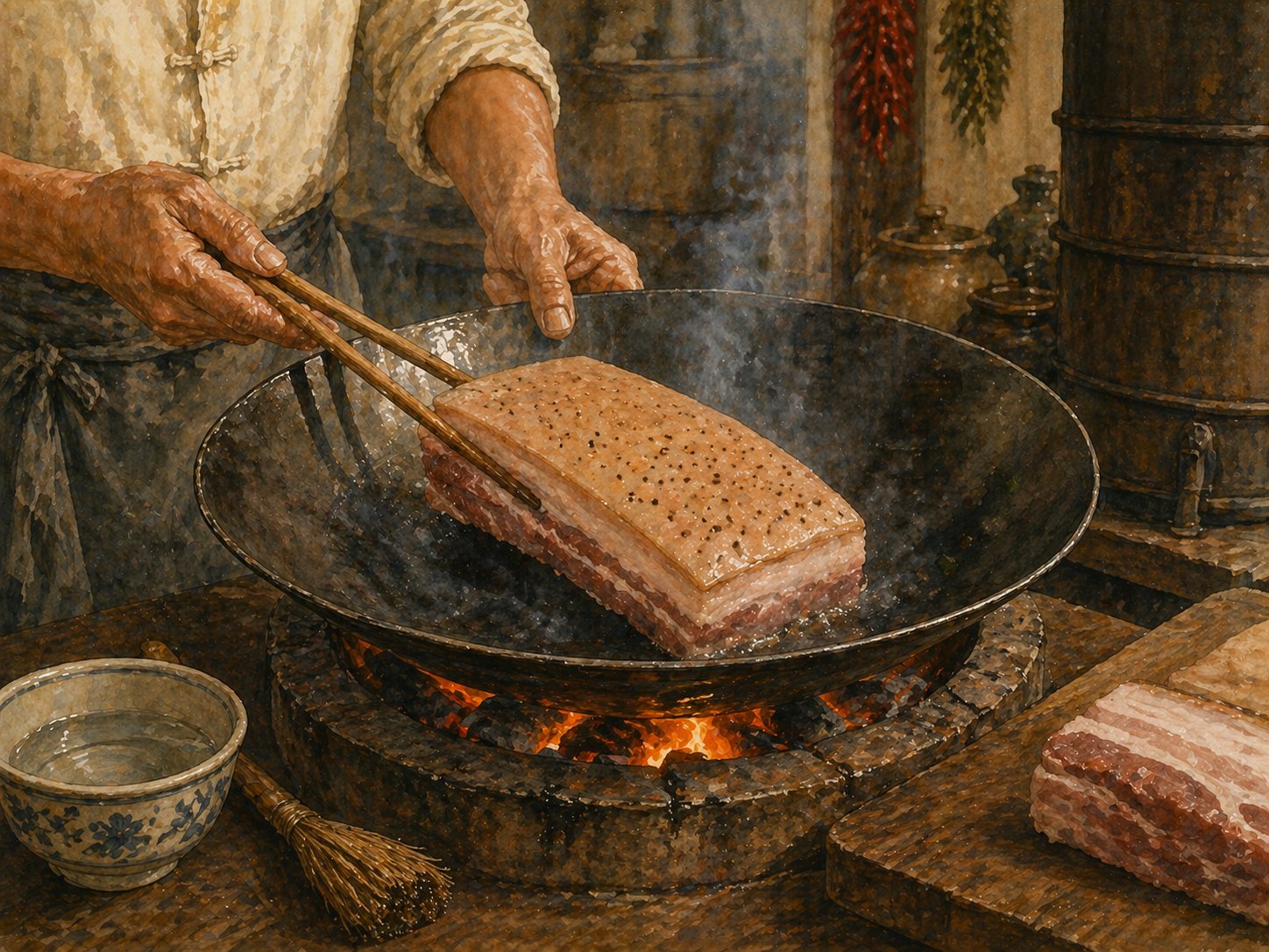 Step illustration: tight overhead three-quarter view of kou wun ceramic bowl mid-layering. Heritage Hakka steaming bowl — round, deep, walnut-glaze ceramic with slight inward curve toward rim. Layering in progress: bottom of bowl shows generous bed of rehydrated mei cai, long dark-brown leaves slightly glistening. Above mei cai: overlapping slices of seared-and-blanched pork belly, arranged skin-side-DOWN against bowl's interior — slices form circular pattern fanned around interior, fat-and-meat layers visible in cross-section. Patriarch's hand holds a thick slice with bamboo chopsticks, mid-action placing it skin-side-DOWN against the bowl wall. Small ceramic bowl of additional braising aromatics — sliced ginger, smashed garlic, star anise pods, pinch of crystal sugar. Small ladle with dark-mahogany braising sauce. Earthenware jar of dry preserved mei cai partially visible.
