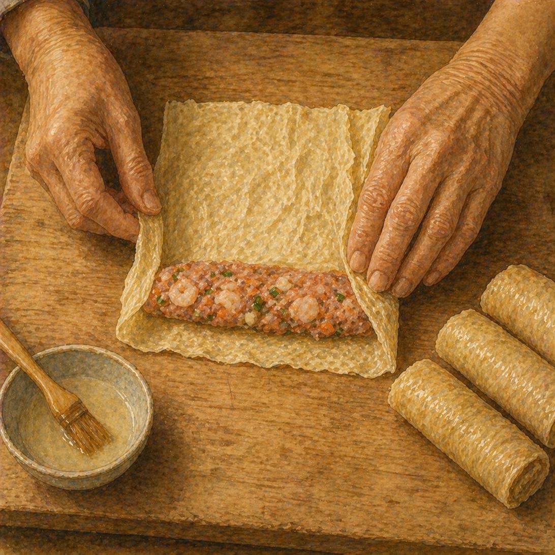 Critical moment: hands rolling the beancurd skin around the filling, showing the technique.