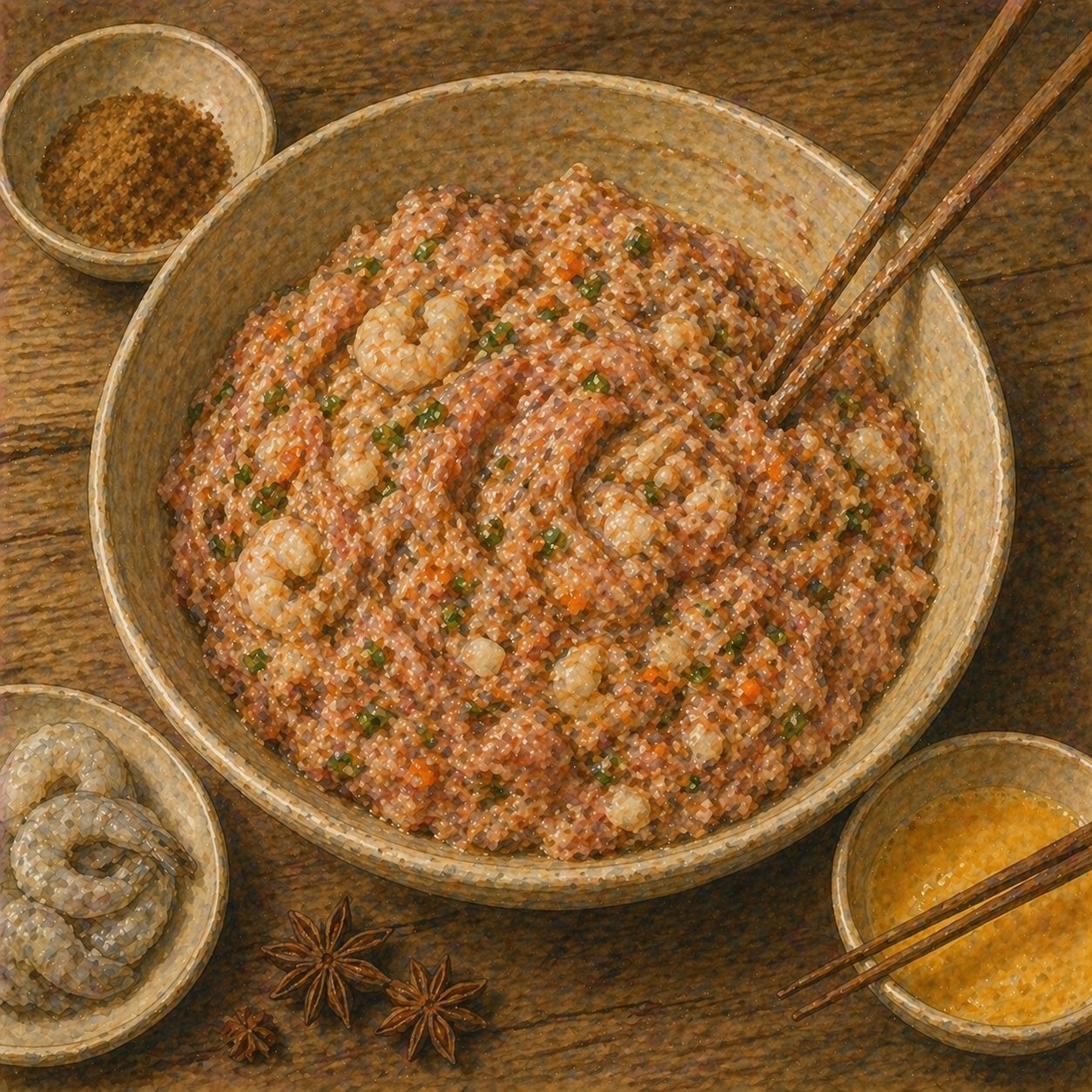 Step illustration: the seasoned filling being mixed in one direction in a large bowl, water chestnuts visible.