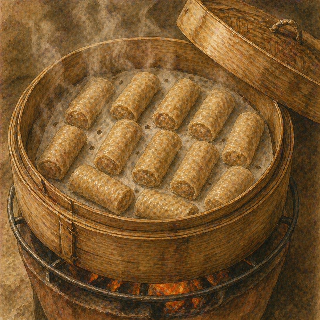 Step illustration: rolls steaming with 2cm gaps in a bamboo steamer.