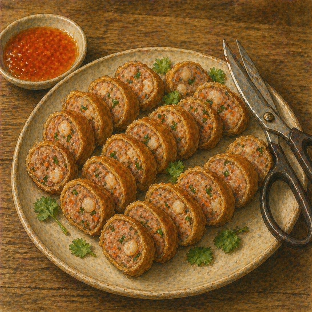 Finished plate: golden-fried ngoh hiang sliced into pieces with sweet chilli dipping sauce alongside.