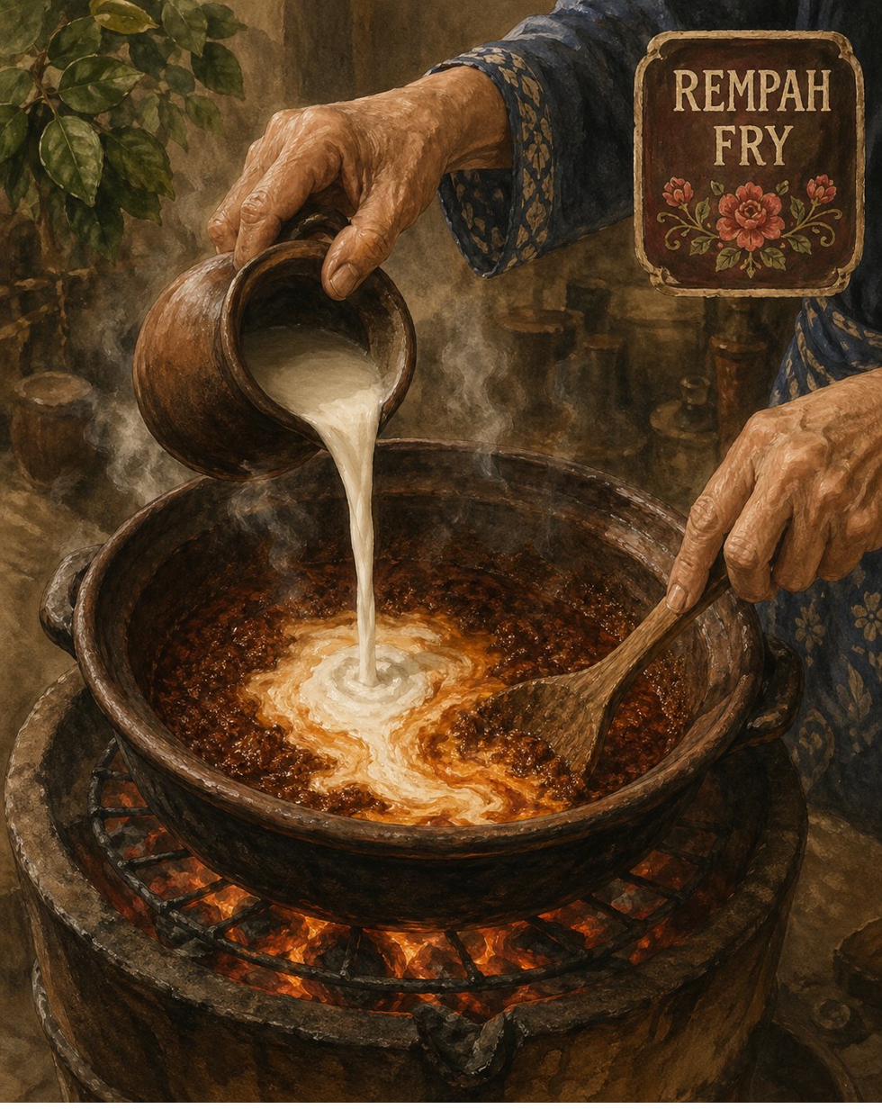 Critical moment: heritage round dark-clay claypot on a low charcoal stove. Inside: bloomed rempah in deep-mahogany-with-oxblood-red base. The matriarch tilts a small heritage clay jug, mid-pour, of THICK WHITE COCONUT CREAM into the bloomed rempah. The cream falls in a thick milk-white stream, hitting the deep-mahogany rempah and beginning to spread into ribbons of pale-orange-coral colour at the contact edge. Cream cartouche reading REMPAH FRY with red-rose flourish. Glowing embers. Painted style.