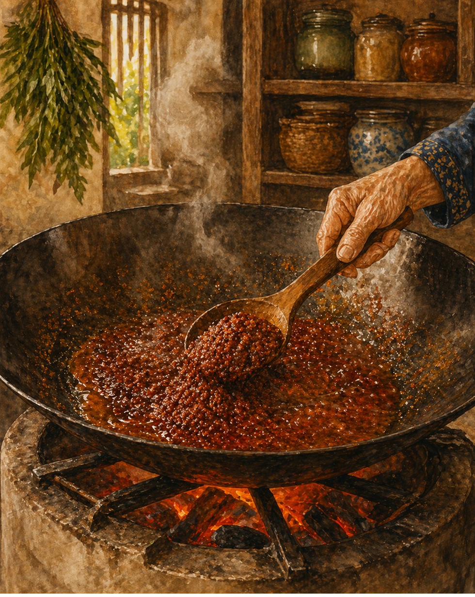 Step illustration: heritage iron wok mid-cook on a low charcoal stove. The wok contains laksa rempah mid-fry — paste deep mahogany-with-oxblood-red-undertones, visibly richer/redder than R26's buah keluak rempah. Visible OIL POOLS at the surface — the pecah minyak marker. The matriarch's hand scoops a small portion of bloomed rempah up to demonstrate the deep-mahogany-with-oil-glistening register. Glowing-orange charcoal embers. Painted style.