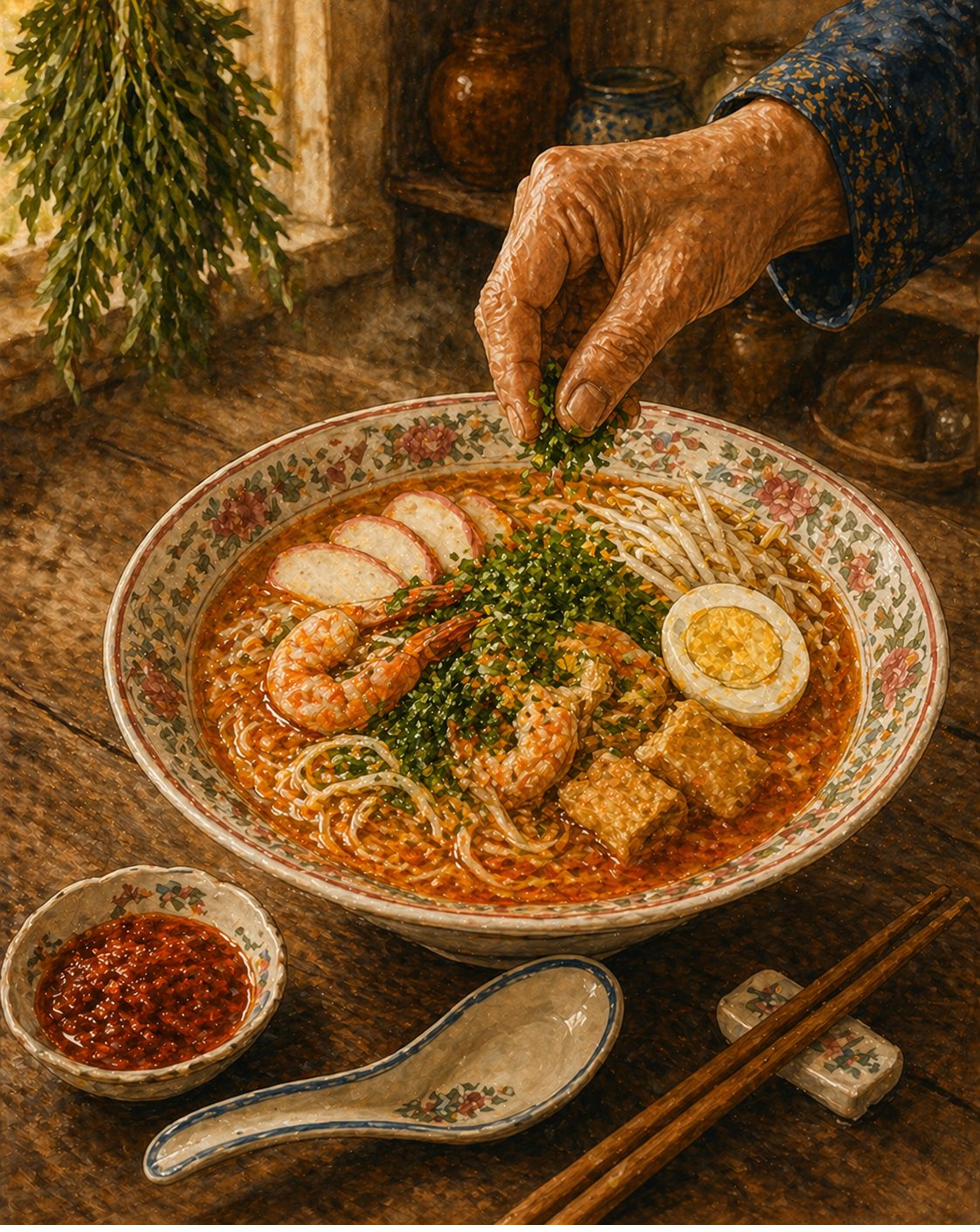 Step illustration: overhead three-quarter view of an individual diner's laksa bowl, mid-assembly. Medium-deep heritage Peranakan soup bowl, soft-cream porcelain with deep-pink-and-sage-and-pale-coral floral-rim border. Inside: deep-orange-red coconut-rempah broth with rendered-oil sheen. Floating: thick white rice vermicelli, halved fresh prawns, fish cake slices, blanched bean sprouts, taupok strips, halved hard-boiled egg. Foreground-hero: vivid jade-green minced laksa leaves scattered across the surface. The matriarch's hand sprinkles a final pinch. Side: sambal chili dish, heritage soup spoon with pale-blue rim. Painted style.