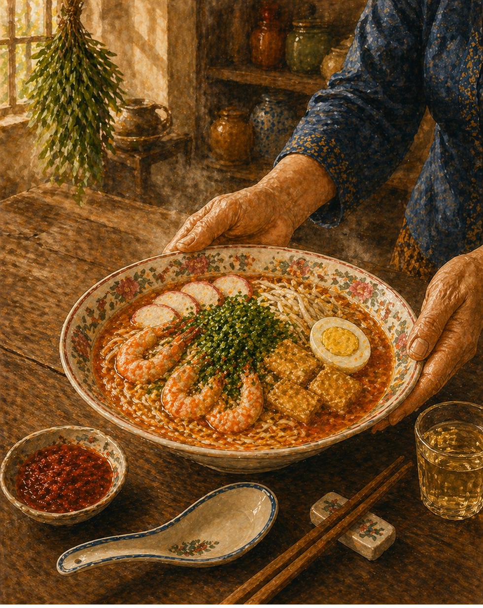 Hero plate: heritage Peranakan dining-table closing image. Soft-cream porcelain soup bowl with deep-pink-and-sage-and-pale-coral floral-rim border. Inside: thick white rice vermicelli emerging from a deep pool of deep-orange-red laksa gravy. On top: halved prawns, fish cake slices, blanched bean sprouts, taupok strips, halved hard-boiled egg. Steam rising. Foreground-hero: a generous scatter of freshly-minced laksa leaves — vivid jade-green flecks covering the upper surface as the dominant garnish. Worn dark-walnut dining-table. Side: sambal chili dish, heritage soup spoon with pale-blue rim, bamboo chopsticks, glass of clear pale-amber tea. Kaffir-lime-leaf cluster upper-left. Painted style.