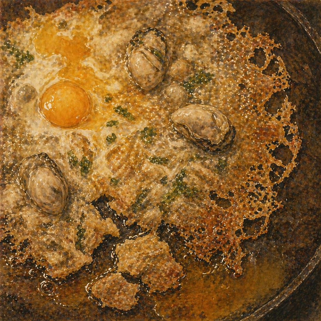 Critical moment: lacy crispy starch base on the pan, egg pouring over the broken pieces, oysters about to be added.