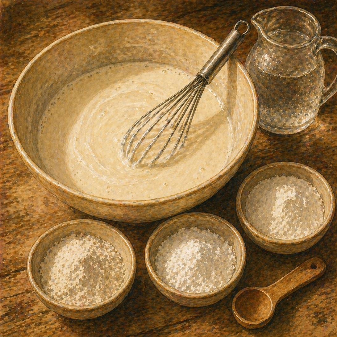 Step illustration: starch batter being whisked smooth in a bowl, the three flours visible.