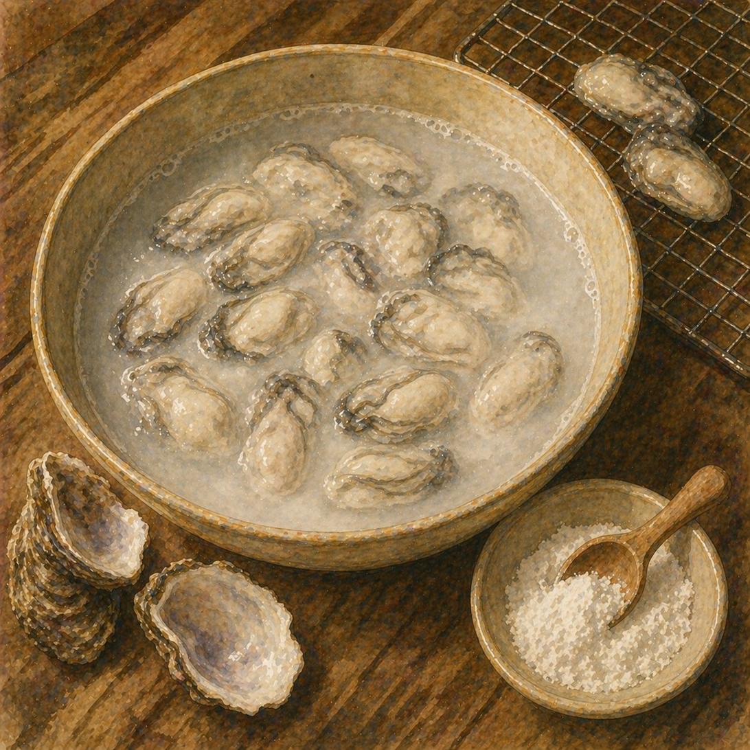 Step illustration: oysters tossed with cornflour, draining on a wire rack.