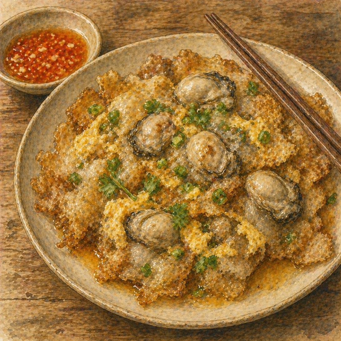 Finished plate: golden lacy or luak with oysters visible, garnished with coriander, dip on the side.