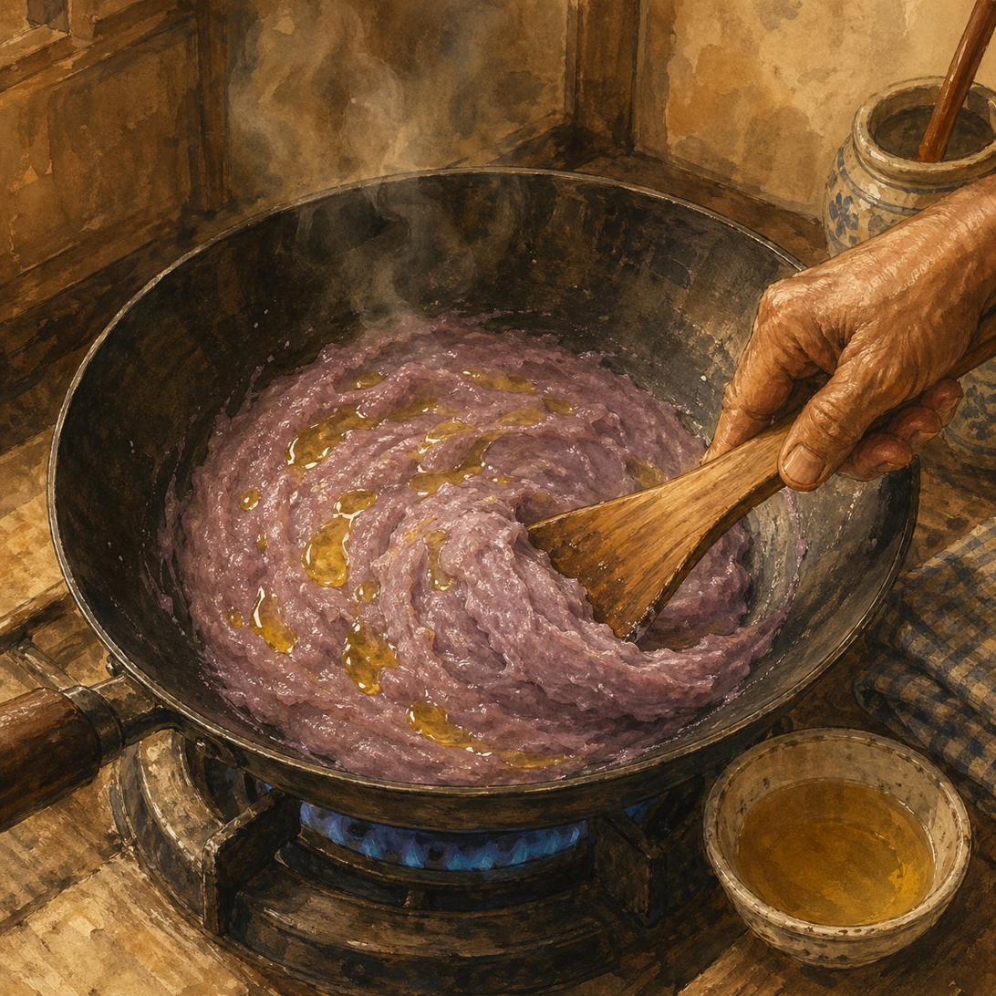 Critical moment: the paste pulling cleanly from the wok side as the spatula passes through, glossy purple ribbon trailing.
