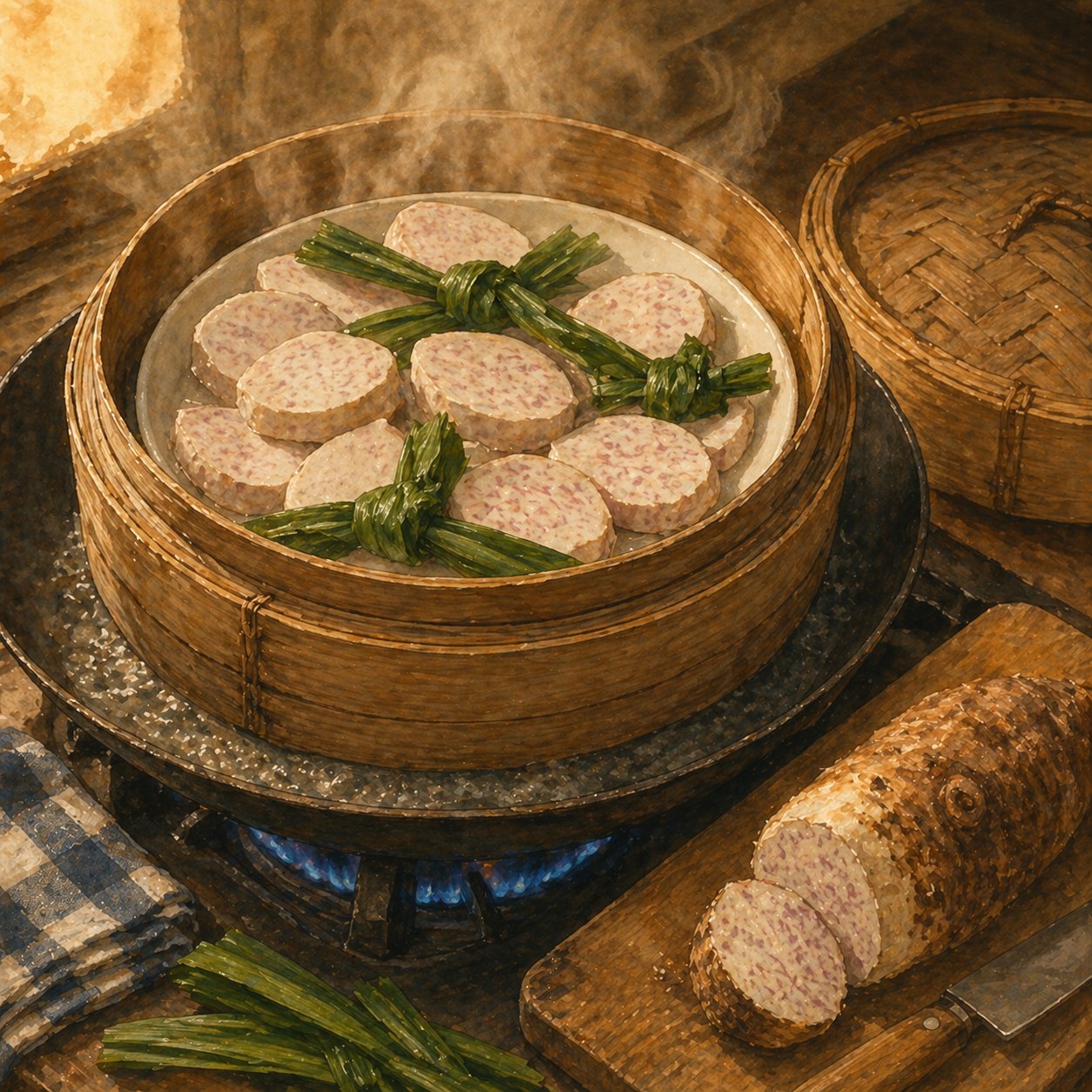 Step illustration: yam slices on a plate with pandan leaves, steaming over rapid boiling water.