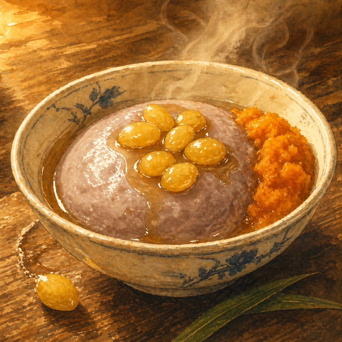 Step illustration: the deep purple yam paste being stirred in a wok with a wooden spatula, lard glistening, the colour rich and warm.