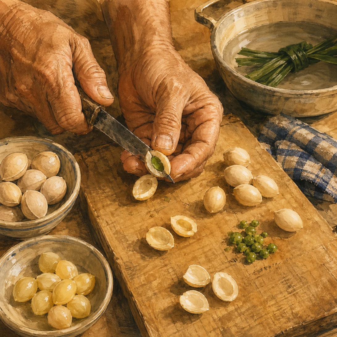 Step illustration: gingko nut split open with the bitter green pit being removed by a paring knife.
