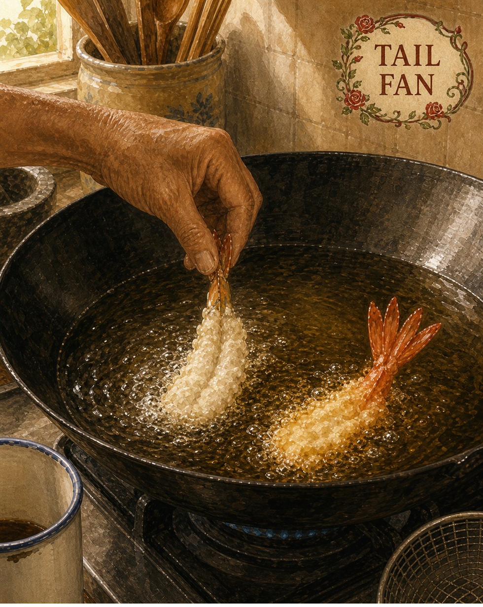 Critical moment with TAIL FAN cartouche: hero close-up of the wok at the moment the first batter-dipped phoenix-tail prawn is being lowered into hot oil. Hock Ko's right hand visible from the wrist down, holding the prawn by the tail-fan between thumb and forefinger; body fully coated in pale batter and just touching the surface of shimmering oil. The instant of contact: small ring of vigorous bubbles erupting around the body, batter just starting to set into golden-edged crispness, tail-fan held proud and dry in the air above the oil. Second prawn already in the oil at lower-right, body puffed and golden, tail still proudly upright above the surface. Cartouche overlay at upper-right: 'TAIL FAN' in serif capitals on a small painted cartouche with red-rose-and-vine-leaf flourish. White enamel mug with faded blue rim at lower-left — Chapter 9 marker.