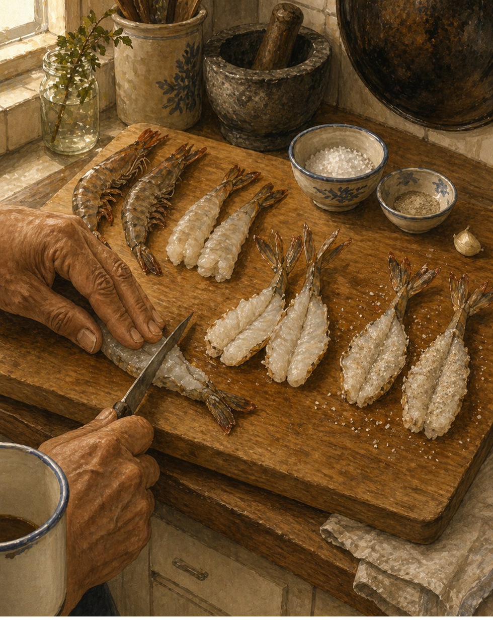 Stage 1: close-mid shot looking down onto Hock Ko's wooden chopping board. His hands only visible — left hand pinning a peeled prawn flat, right hand holding a small sharp knife mid-action making the deep slit along the prawn's belly that opens it into a butterfly. Eight prawns laid out at varying stages: two still in shell, two peeled-tail-on-untouched, two butterflied-and-tail-fanned, two completed-and-salt-rubbed. The tail-fan is fully ON and INTACT on every prawn that should have one. Small ceramic bowl of coarse sea salt at upper-right, smaller ceramic bowl of white pepper, single peeled garlic clove on the board edge. White enamel mug with faded blue rim at lower-left edge of frame, partially cropped — Chapter 9 narrative-continuity marker.