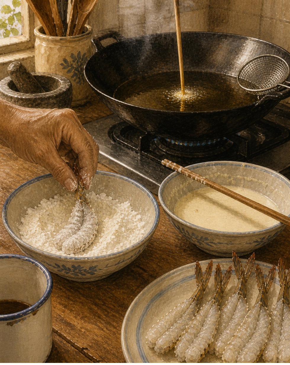 Stage 2: mid-shot of the workbench. Two shallow ceramic bowls in foreground: left bowl with dry cornstarch dredge and a butterflied tail-on prawn half-buried in it, gently turned by Hock Ko's right hand — thumb and forefinger holding the prawn by the tail-fan, body coated in dry powder, tail-fan UP and OUT of the powder, dry. Right bowl with the rested pale-cream batter, wooden chopstick resting across the rim. Behind the bowls slightly out of focus: deep cast-iron wok on gas stove, oil shimmering, single wooden chopstick dipped vertically with fine bubbles forming at the tip — the heritage oil-test for ~170°C. White enamel mug with faded blue rim at lower-left edge — Chapter 9 marker.
