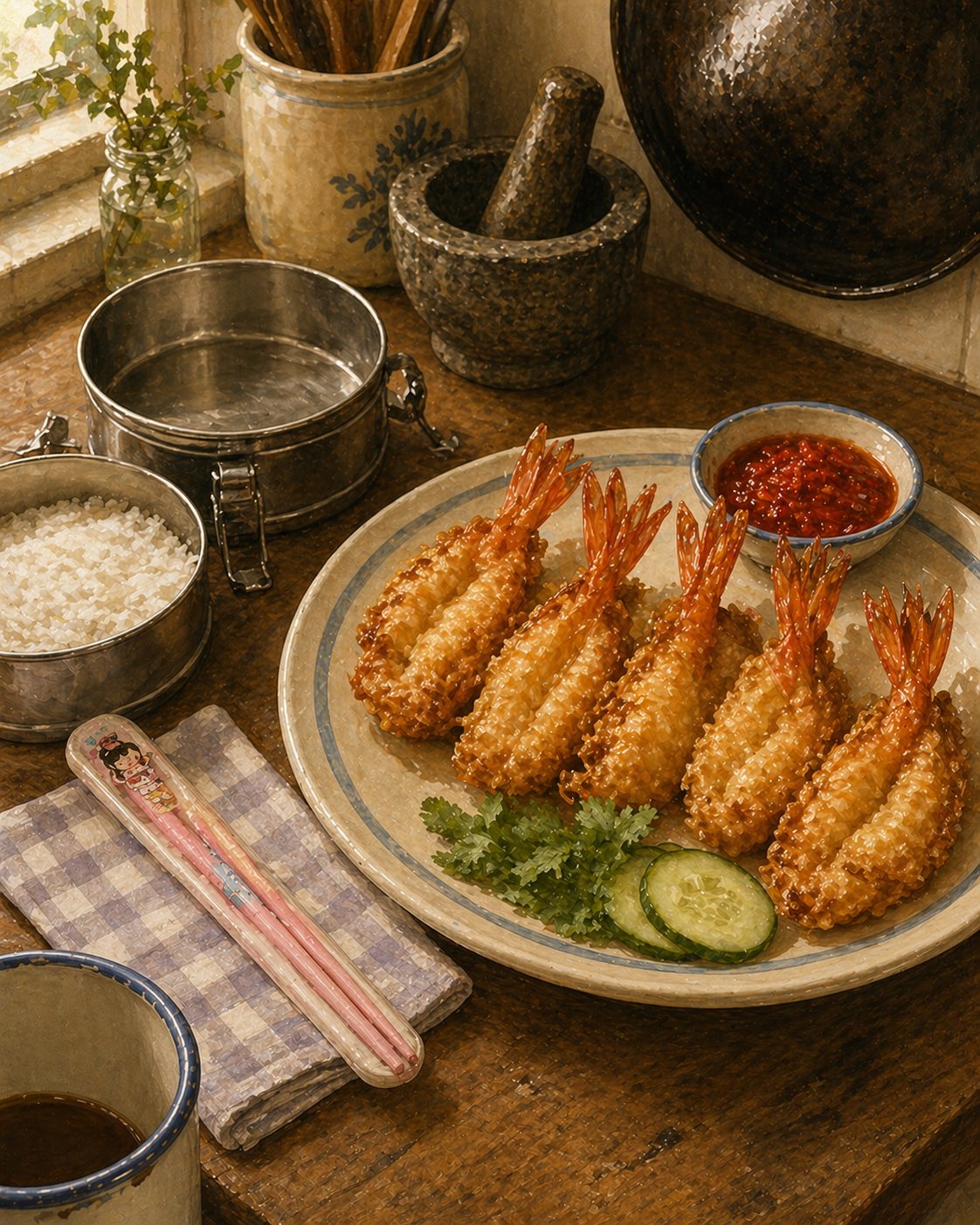 Stage 4 hero plate: slightly elevated angle looking down onto Hock Ko's workbench. Cream-and-pale-blue dinner plate at centre-right holding six finished phoenix-tail prawns in a fan arrangement, golden battered bodies craggy and bright, orange-pink tail-fans held proud above each one. Small ceramic bowl of bright sambal-chilli at upper-right of plate. Wedge of cucumber and sprig of coriander at lower edge. Left side of frame: stainless-steel two-tier tiffin lying open on the workbench, lid resting beside it. Bottom tier holds a small mound of plain rice; top tier empty, waiting. Folded cloth napkin in pale check, child's plastic chopsticks in pale pink. The plate is the parent's serving plate; the lunchbox is the daughter's. White enamel mug with faded blue rim at lower-left — Chapter 9 marker, fifth and final instance.