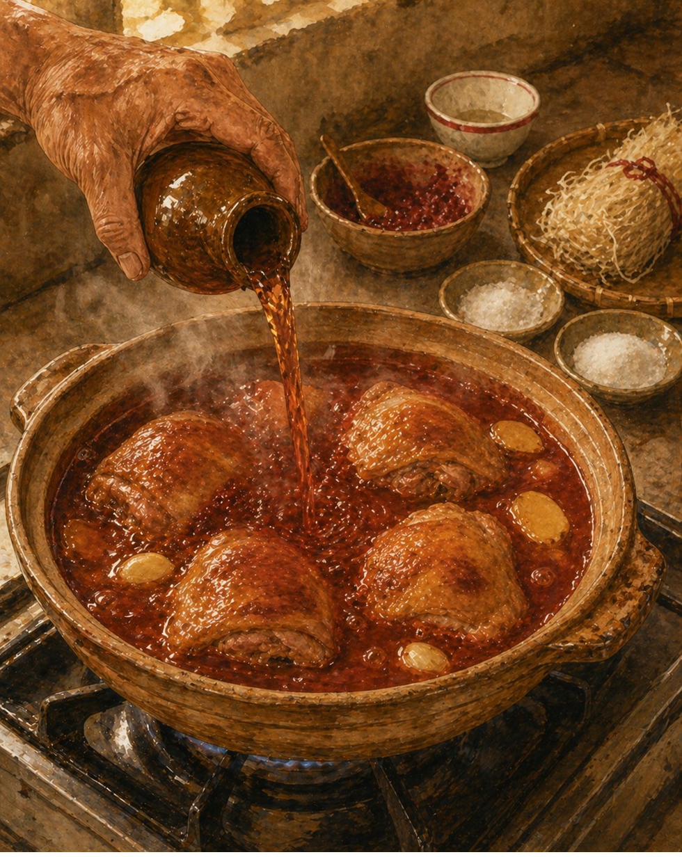 Critical moment: close-up side view of a heavy claypot on a low gas burner, the claypot half-filled with warm-red-amber broth and seared bone-in chicken thighs. Broth gently simmering, faint steam rising. A weathered hand pours from a small glazed clay flask — a steady amber-rose stream of Foochow red rice wine cascading INTO the simmering broth, the wine visibly hitting the surface and instantly deepening the broth's red-amber register as it disperses. In the claypot: 4 bone-in chicken thighs, half-submerged, skin-side up. Thick slices of fresh ginger and crushed garlic floating among the chicken. Bunch of dry mee sua noodles tied with red string on a bamboo flat-tray. Cream cartouche reading BLOOM & SIMMER with red-rose flourish. Foochow porcelain tea-bowl with bold red ring on the back-edge. Painted style.