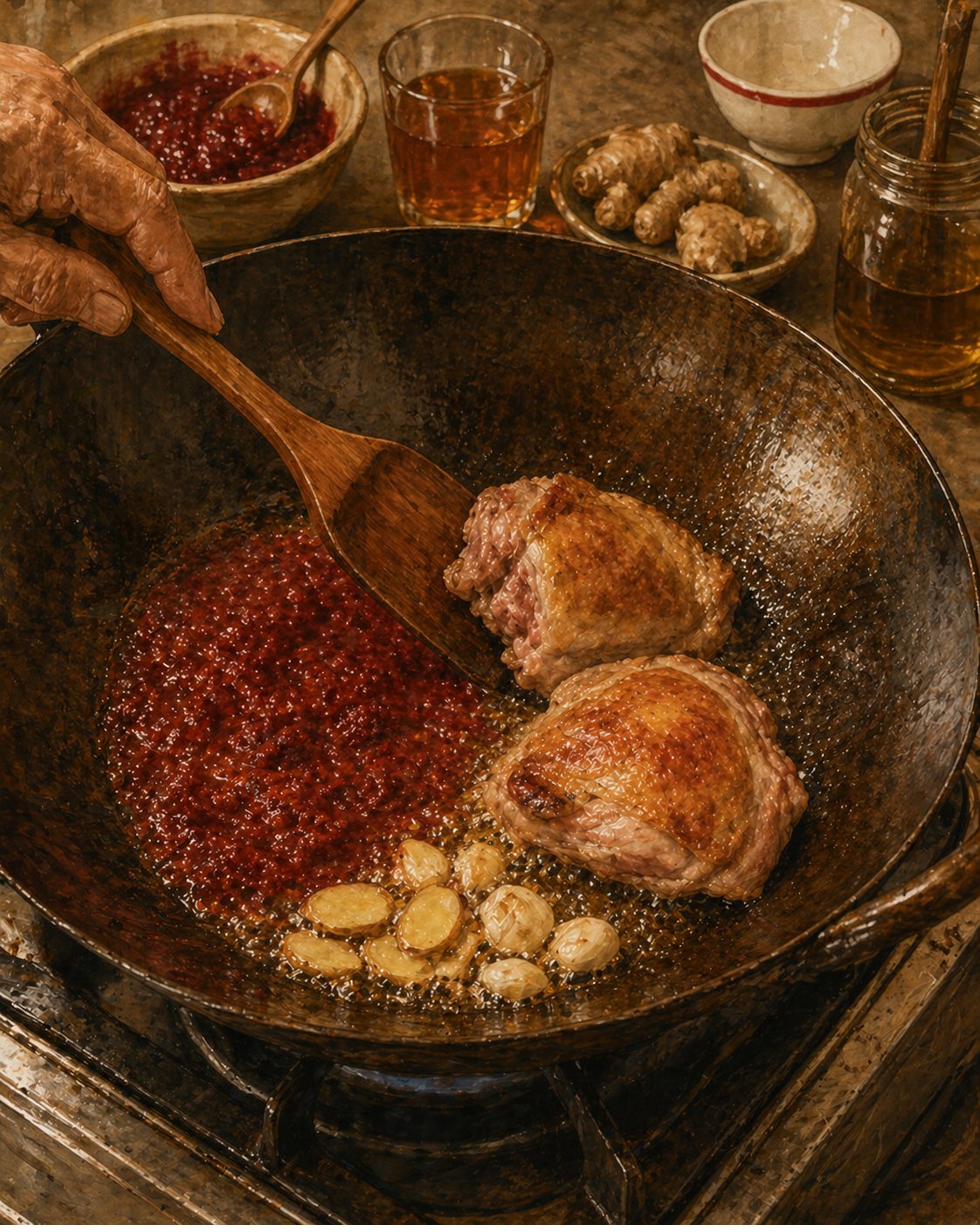 Step illustration: close-up overhead-three-quarter view of a heavy iron wok over a gas burner. Inside the wok: a generous mound of dark-rose ang chao paste being bloomed in hot sesame oil, the paste visibly transformed from raw deep-red into glossy warm-red-amber. Beside the paste: thick slices of fresh ginger and crushed garlic cloves frying at the edge. Two bone-in skin-on chicken thighs being seared in the cleared space, skin-side up, the skin showing developing crisp golden-mahogany edges. A weathered hand on a long wooden spatula tilts into view, mid-action gently lifting the corner of a chicken thigh. Foochow porcelain tea-bowl with bold red ring on the back-right. Painted style.