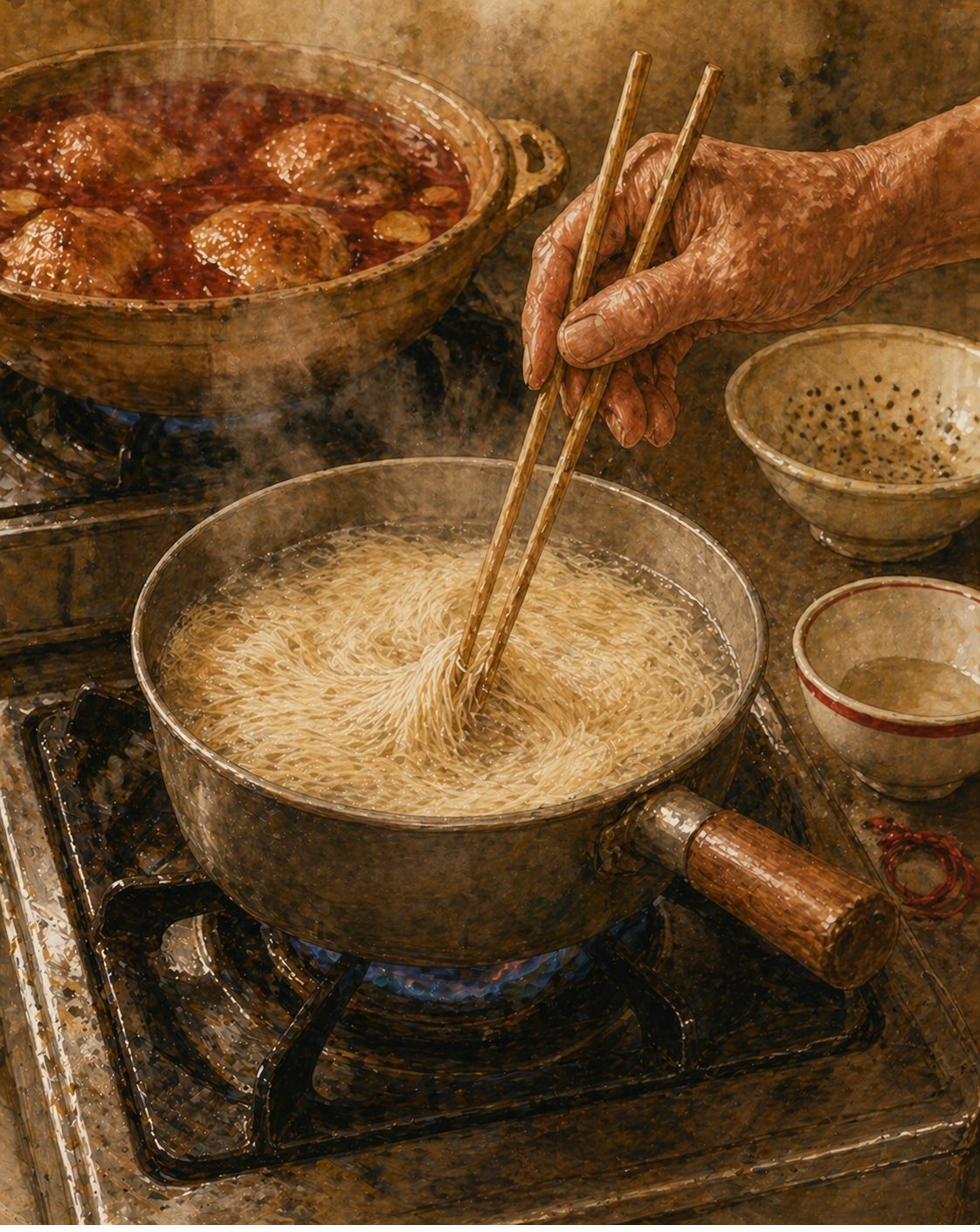 Step illustration: three-quarter view of a small pot of clear simmering water on a gas burner with visible blue flame. Mee sua noodles mid-cook in the water, the pale-cream noodle bunch unfurling and softening, soft strands floating just below the surface, others still firmly bunched. A weathered hand on a pair of long bamboo cooking chopsticks gently teases the noodles apart. In the background: the claypot of red-amber broth-and-chicken still visible on the second burner, ambient. A small ceramic colander on the counter, ready to drain. The bunch's red string tie discarded beside the pot. Foochow porcelain tea-bowl with bold red ring on the counter to the right. Painted style.