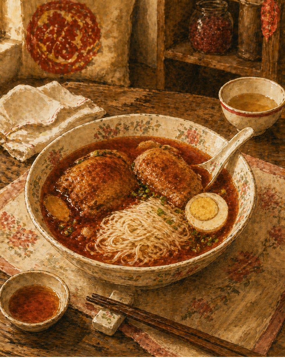 Hero bowl: three-quarter overhead view, a Foochow domestic dining table on Lunar New Year morning, worn timber surface with faded cream-and-rose cotton placemat. At centre, a heritage Chinese ceramic soup bowl (creamy-white deep round bowl with pale soft-pink-and-green floral rim) holding warm-red-amber broth. Inside the bowl: 2 bone-in skin-on chicken thighs with golden-mahogany seared skin visible above the broth surface, a nest of pale-cream cooked mee sua arranged at one side, a halved hard-boiled egg with pale-yellow yolk at the noodle nest's edge, scattered fresh spring onion floating, thick ginger slices visible. Around the bowl: dark wooden chopsticks on a small ceramic chopstick-rest, porcelain Chinese soup spoon in the bowl, small dish of additional Foochow red rice wine for the diner to splash in, folded white napkin back-left. A small Lunar New Year red-and-gold paper-cut decoration in the deep blurred background. The Foochow porcelain tea-bowl with the bold red ring on the back-right. A small clay urn of dark-rose ang chao paste on a high shelf in the deep blurred background — visible as painterly warm-red-rose, more visible than in R31/R32/R34 but still ambient register, not the foreground hero. Painted style.