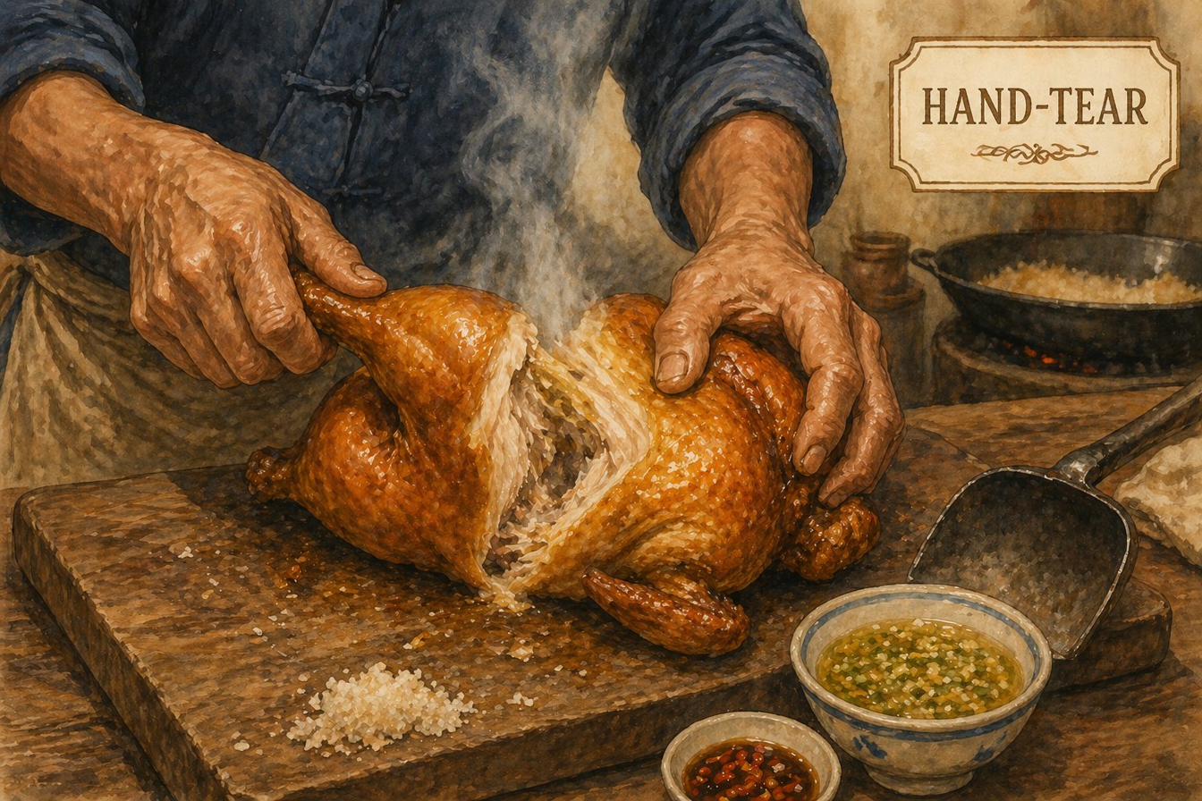 Critical moment — the hand-tear. Just-baked chicken, paper unwrapped, lotus leaf folded back, amber-gold-mahogany skin glossy-but-dry, steam plume rising from a torn muscle seam where the cook is pulling a drumstick free along the hip joint. Heritage rough disassembly — never cleaver-carved. Sand-ginger-and-scallion oil dipping condiment in small porcelain dish at side. Cartouche overlay reading HAND-TEAR in iron-red ink.