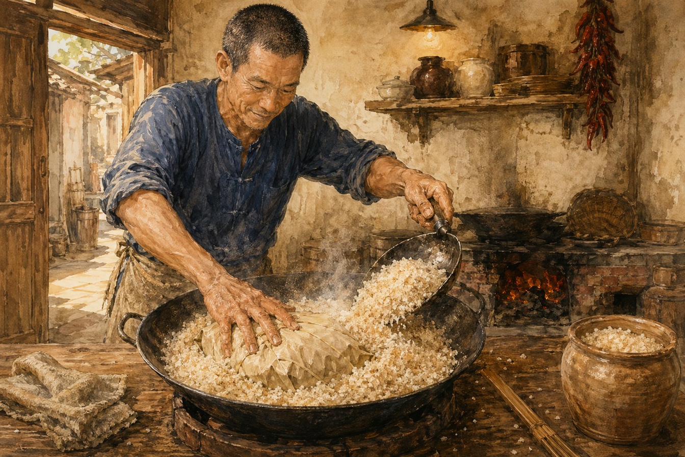 Hero scene — a heritage Hakka Salt-Baked Chicken, hand-torn into 12–14 pieces and arranged in a loose semi-reassembled pattern on a warm-cream oval ceramic platter with simpler iron-red-and-cobalt-blue rural folk-art border. Amber-gold-mahogany skin intact on most pieces, white-and-yellow flesh visible at the torn edges. Restrained scattering of finely-sliced spring onion greens, fresh coriander leaves, and a drizzle of sand-ginger-and-scallion oil. Bare scrubbed walnut wooden dining table. Heritage Hakka sand-ginger-and-scallion oil dipping sauce alongside. Painted heritage style.