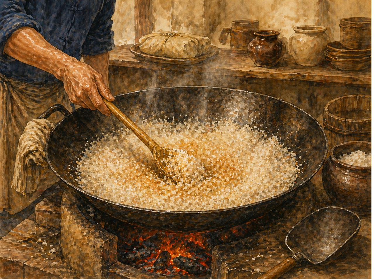 Step illustration: heavy cast-iron wok over a low brick-and-clay charcoal furnace, with about 3 kg coarse rock salt being toasted to high heat. Cook stirring with long thin bamboo paddle. Salt approaching toasted peak — soft warm pale-amber tint visible across surface, gentle wisp of dry vapour rising. Coarse rock-salt crystals individually visible. Few crystals visibly skip slightly from heat. Brick-and-clay charcoal furnace below with warm glow of charcoal embers visible. Folded cloth at wok handle. Long iron scoop resting at side.
