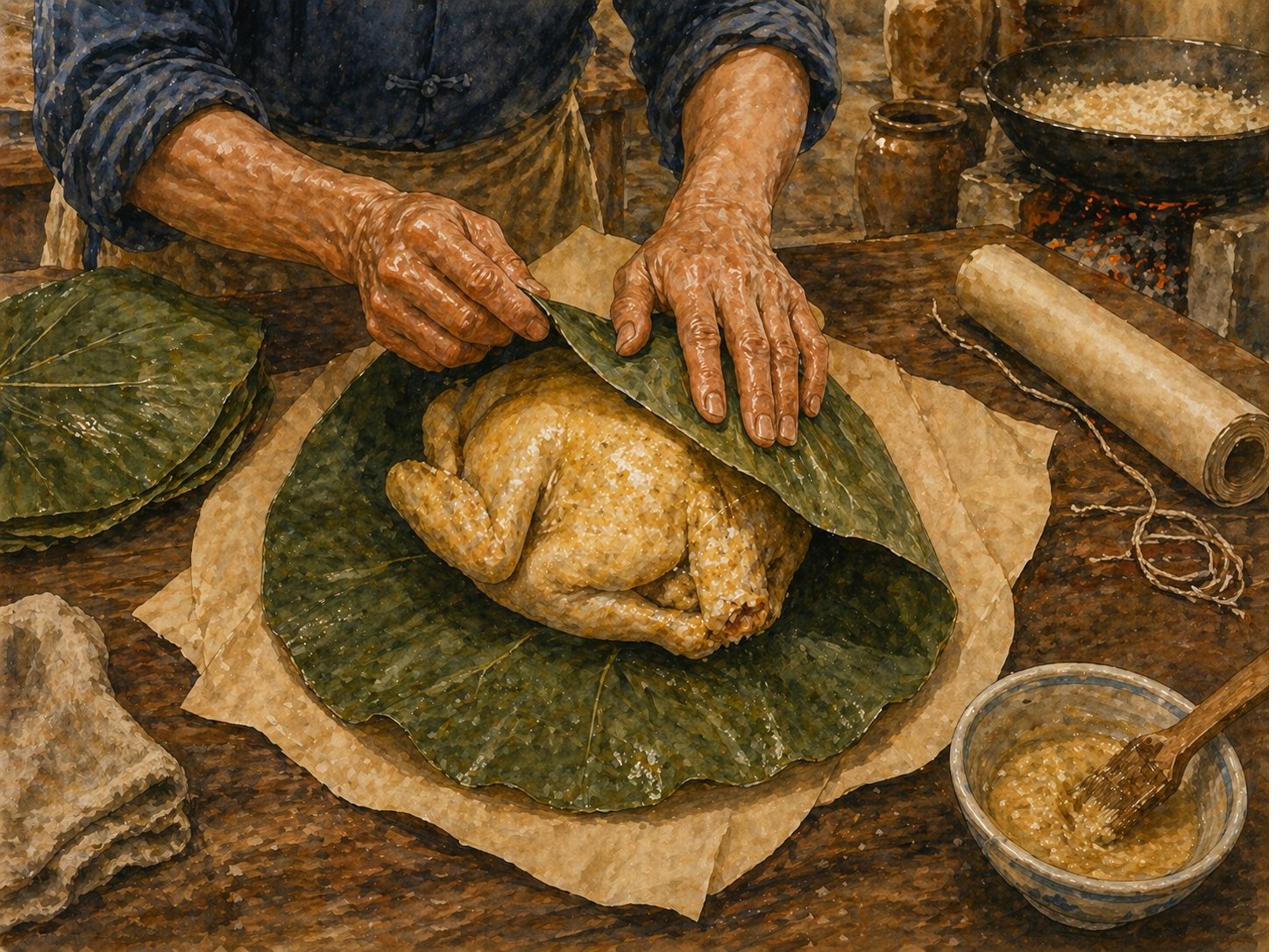 Step illustration: tight overhead three-quarter view of cook's hands wrapping whole prepared chicken in heritage lotus-leaf-and-parchment paper on wooden block-table. Chicken whole, head-and-feet-removed, marinated and rubbed with sand-ginger powder, salt, and Shaoxing wine — skin showing slight golden-yellow tinge. Lotus leaf large round dark-green leaf, surface slightly veined and glossy; pale sand-coloured parchment paper sits underneath as second wrap layer. Wrapping in progress: chicken centred on lotus leaf breast-up, legs tucked. Cook's hands smoothing leaf against chicken's contour. Marinade rub visible: fine yellow-and-pale-grey dusting across exposed skin. Length of cotton kitchen twine for tying. Few extra fresh dark-green lotus leaves stacked nearby.