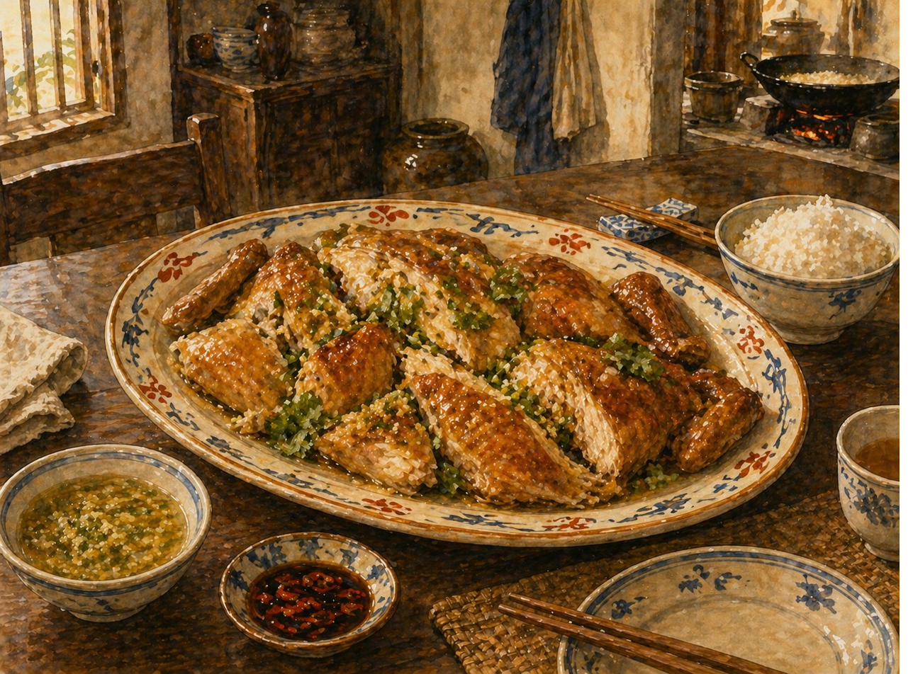 Hero plate: heritage Hakka Salt-Baked Chicken on warm-cream oval ceramic platter with simpler hand-painted iron-red-and-cobalt-blue rural folk-art border. Hand-torn chicken arranged in loose reassembled-chicken pattern — 12-14 pieces in casual semi-reassembly: drumsticks, thighs, wing sections, breast strips. Amber-gold-mahogany skin intact on most pieces, white-and-yellow flesh visible at torn edges. Scattering of finely-sliced spring onion greens, fresh coriander leaves, drizzle of sand-ginger-and-scallion oil. Beside platter: small porcelain dish of sand-ginger-and-scallion oil dipping sauce, separate small dish of light-soy-with-sliced-bird's-eye-chilli, communal serving chopsticks on porcelain rest with simple geometric pattern, pair of personal eating chopsticks, pale-celadon teacup with strong oolong, small bowl of plain steamed white rice. Bare scrubbed walnut wooden dining table — no cloth runner. Simple woven bamboo placemat under personal place setting. Soft-focus heritage Hakka home dining room with hint of kitchen pass-through visible.