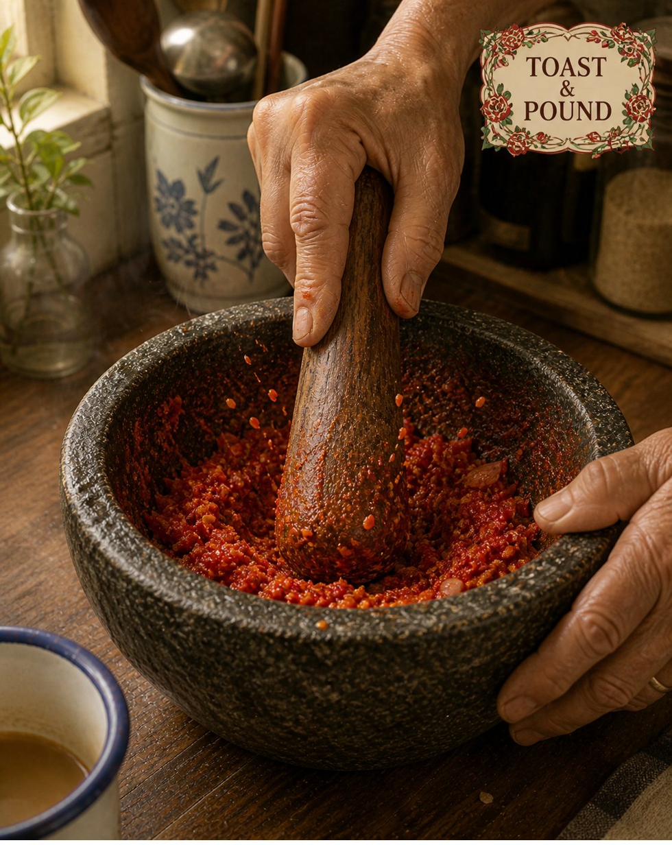 Critical moment with TOAST & POUND cartouche: hero close-up of heritage stone mortar on Hock Ko's workbench. Mortar dark-grey granite, well-used, brick-red-stained interior. Inside: vivid mid-pound paste of red chilli, deep brick-purple toasted belacan, garlic, shallot — about 70% pounded, colour transitioning from chilli-bright-red into final coarse-paste register (red with brick-red-darkening flecks of belacan dispersed through). Some chilli skin still visible as larger flecks. Pestle mid-stroke, just having struck down into paste. Hock Ko's right hand visible from wrist-down, gripping wooden pestle with firm-but-relaxed full-palm hold (heritage Peranakan-Malay grip). Tiny spray of paste-droplets rises from impact zone — heritage signature of correct pound-pressure. Left hand grips mortar's rim to steady. Hand weathered, swollen-knuckled. Faint smear of brick-red paste on right thumb-pad. Cartouche overlay at upper-right: 'TOAST & POUND' in serif capitals on small painted cartouche with red-rose-and-vine-leaf flourish. White enamel mug with faded blue rim at lower-left edge — Chapter 9 marker.