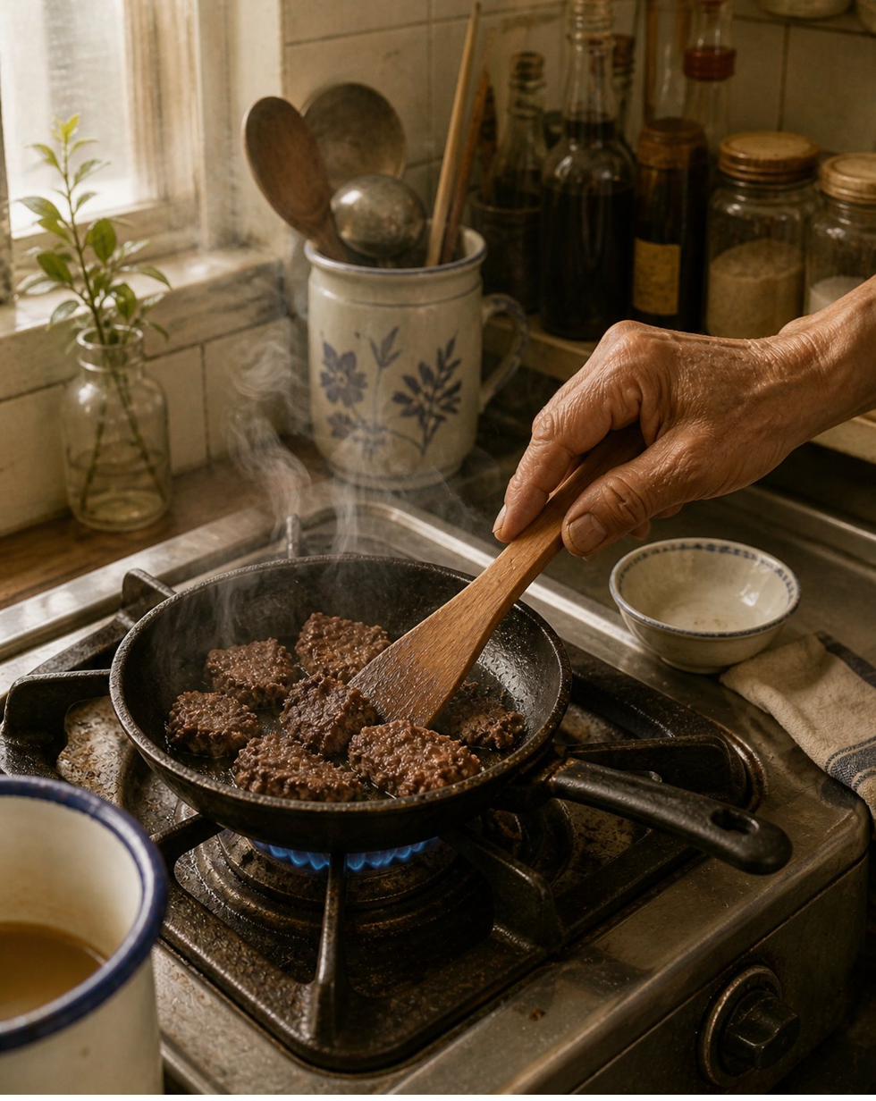 Stage 1: mid-shot of Hock Ko's gas stove. Small dry well-worn cast-iron skillet on front burner; gas flame visible at LOW heat, just a few small blue tongues underneath. Inside pan: flat irregular block of belacan (heritage brick-purple-grey fermented shrimp-paste cake) broken into 4-5 rough chunks roughly 3cm across — surface drier and crumblier than raw, edges showing faint deepening of colour, thin curl of aromatic steam/smoke rising from centre. Hock Ko's right hand visible from wrist-down holding small wooden spatula, gently pressing-and-breaking the belacan chunks against the pan. Hand weathered, swollen-knuckled, tanned, steady. Background: kitchen window upper-left with early-morning light; pale-cream cabinetry, white-tiled wall. Small ceramic pinch-bowl waiting beside stove. Belacan reads brick-purple-grey deepening toward brick-mahogany-purple — distinctly PURPLE-TONED, not pure dark-brown. Slight visible-haze of aromatic vapour. White enamel mug with faded blue rim at lower-left edge — Chapter 9 marker.
