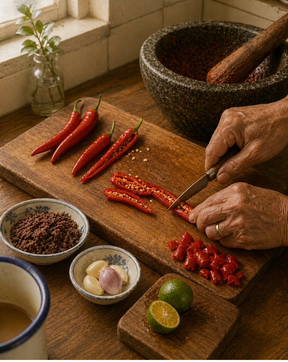 Stage 2: close-mid shot looking down onto Hock Ko's wooden chopping board. His hands only visible — left hand pinning fresh red chilli flat against board; right hand holding small sharp knife mid-action splitting chilli lengthways and scraping out some seeds with knife-tip. Eight to ten fresh long red spur chillies on board at varying stages: three whole-and-uncut, two split-and-mid-deseed in centre, four already chopped into 1cm pieces in small mound. Beside board: two ceramic pinch-bowls — larger holds now-cooled toasted belacan (deep brick-purple-grey crumbles, distinctly PURPLE-toned); smaller holds 2-3 peeled garlic cloves and single peeled shallot. Small wooden cutting board with two whole calamansi limes, one halved and one whole, juice glistening. Upper-right slightly out of focus: heritage stone mortar (dark-grey granite, brick-red interior staining) with wooden pestle leaning against rim. White enamel mug with faded blue rim at lower-left edge — Chapter 9 marker.