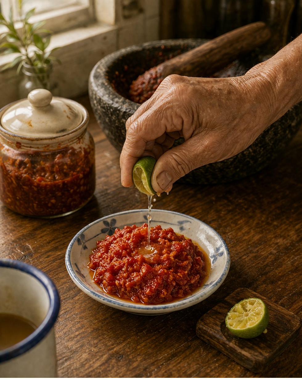 Stage 4 hero plate: slightly elevated angle. Heritage cream-and-pale-blue Singapore-everyday small condiment dish at centre, holding finished sambal belacan — bright-red, glossy, coarse-pounded paste in small mound. Visible fine flecks of darker-red chilli skin and minute brick-coloured specks of toasted belacan. Hock Ko's right hand visible from wrist-down, mid-action squeezing calamansi half over sambal — lime in fingers, juice in mid-fall as thin glistening stream toward centre of sambal mound; two or three droplets already pooled on surface. Beside sambal dish: another empty calamansi half cut-side-up on small wooden coaster. Heritage stone mortar slightly out of focus in background; wooden pestle resting across rim; interior still showing brick-red residue. Small jar with ceramic lid to one side, half-filled with finished sambal. Finished sambal reads BRIGHT-RED with VISIBLE TEXTURE — heritage register is visible chilli-skin-and-belacan-fleck signature. White enamel mug with faded blue rim at lower-left edge — Chapter 9 marker, fifth and final instance for this recipe.