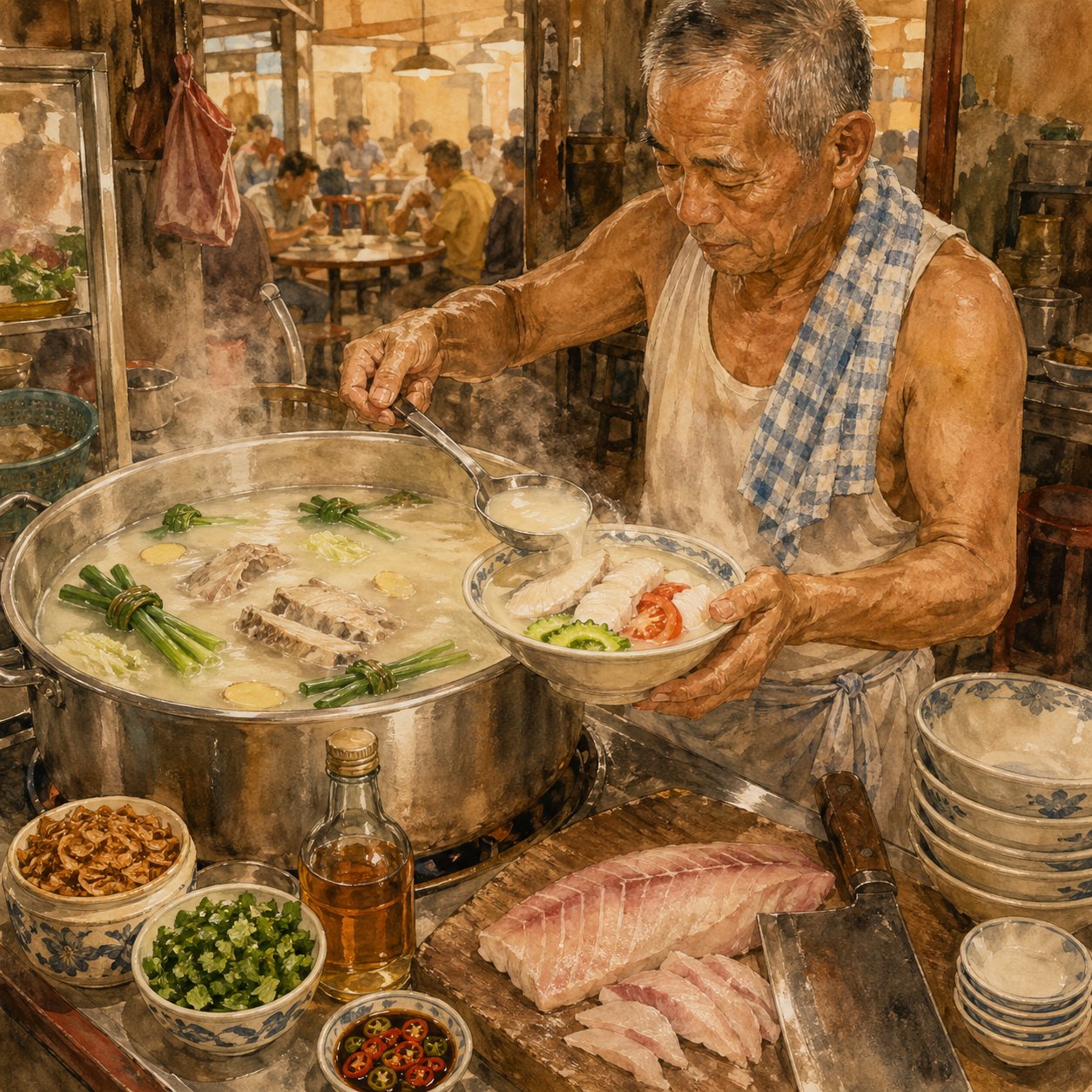 A tall, slightly cloudy off-white milky soup in a clear glass bowl — batang fish slices visible, slices of tomato, bittergourd, ginger curls floating, coriander on top. Steam rising. Bee hoon on the side, soy + cili padi dip beside.