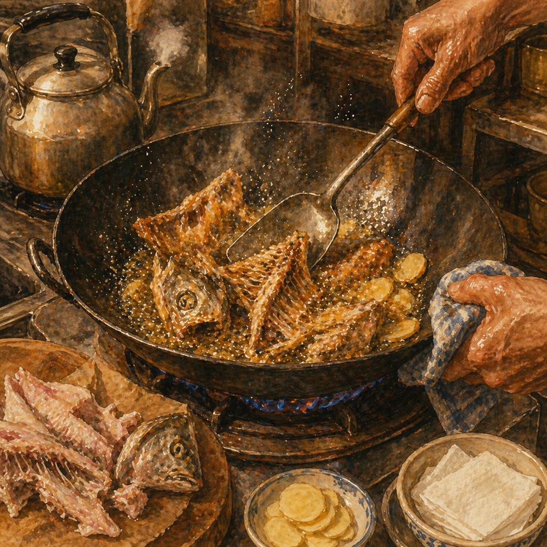 Step illustration: fish bones being hard-fried in lard, oil bubbling, golden brown colour, steam rising.