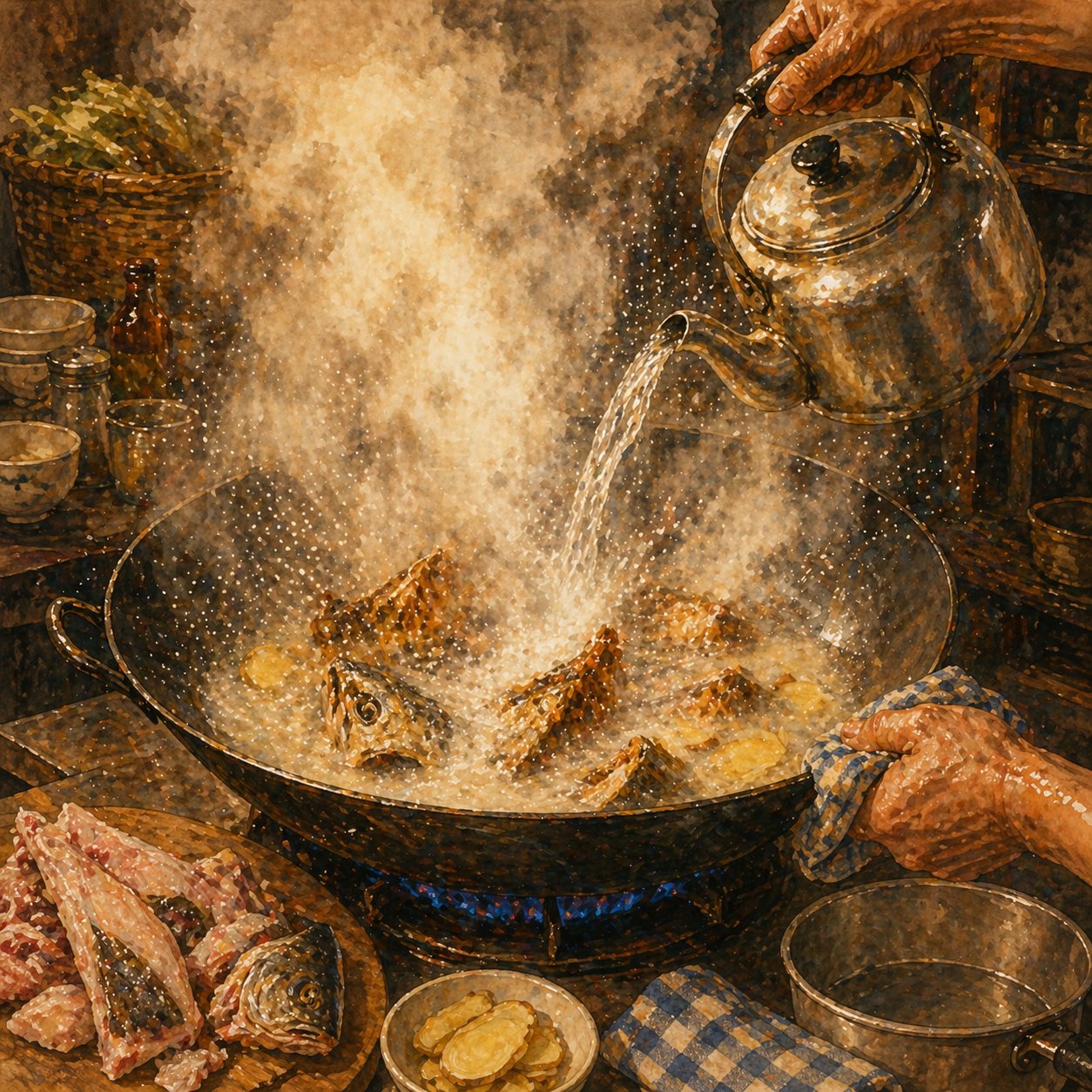 Step illustration: the moment of pouring boiling water into the hot oil and bones, dramatic cloud of steam, oil and water emulsifying.
