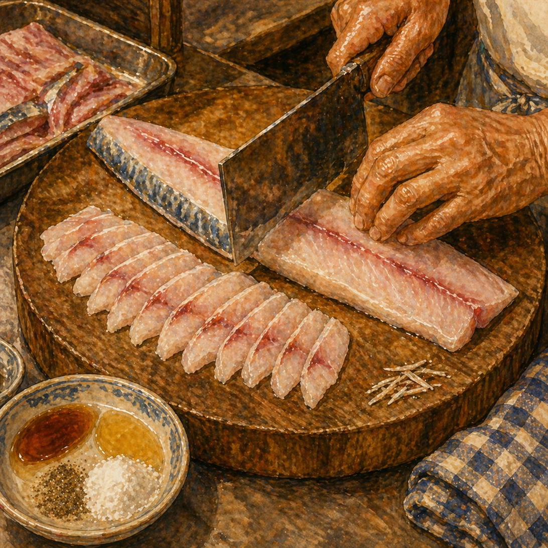 Step illustration: slicing the batang fillet against the grain into 5mm pieces, marinade ingredients beside.